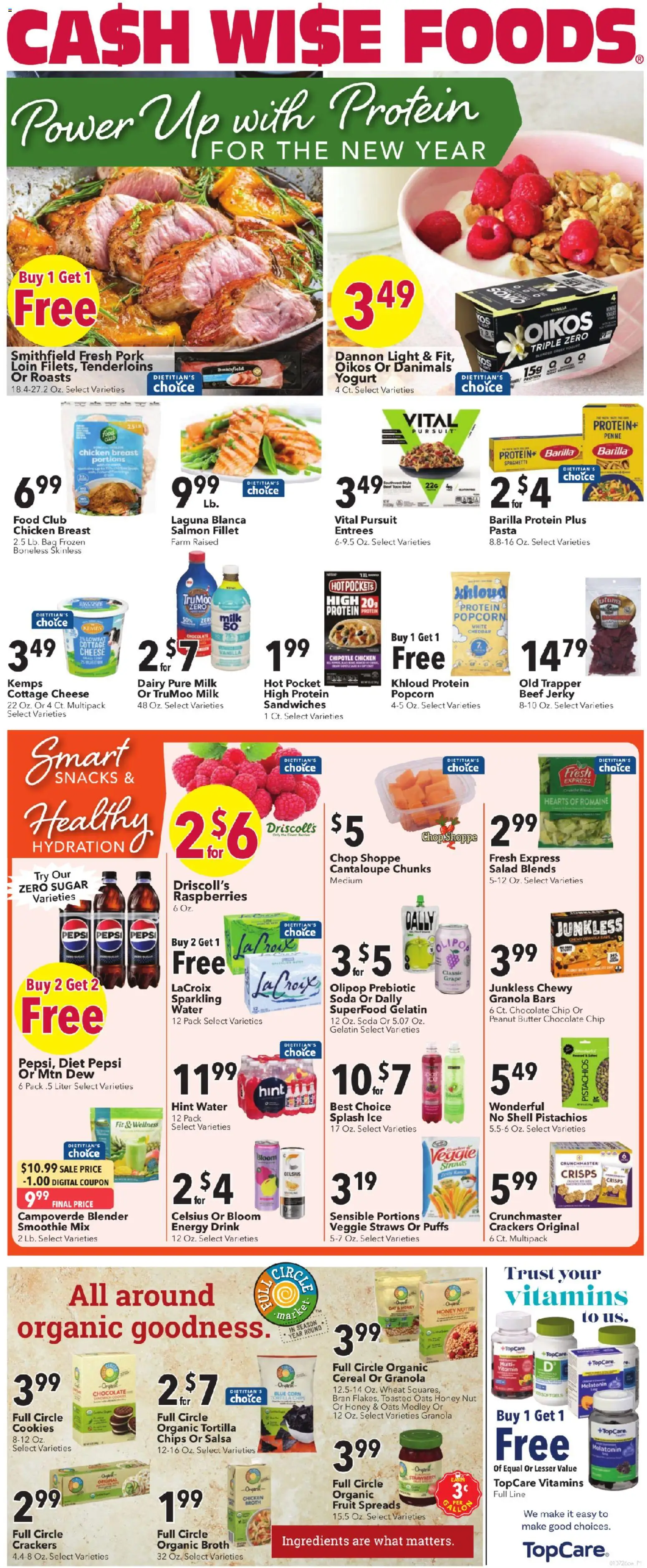 Ad Preview of Cash Wise Weekly Ad from 01/07/2026 - Smoothie, Water, Snacks, Salmon, Milk, Corn, Vanilla, Romaine