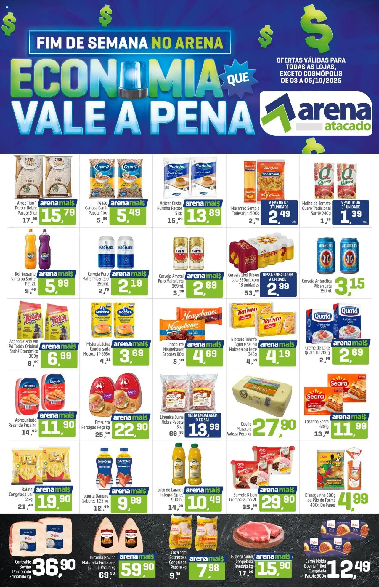 Arena Atacado folheto "Ofertas da semana" válido a partir de 03/10/2025 - número de página 1 - Chocolate, Lasanha, Queijo, Refrigerante, Caneca, Carne moída, Linguiça, Bandeja