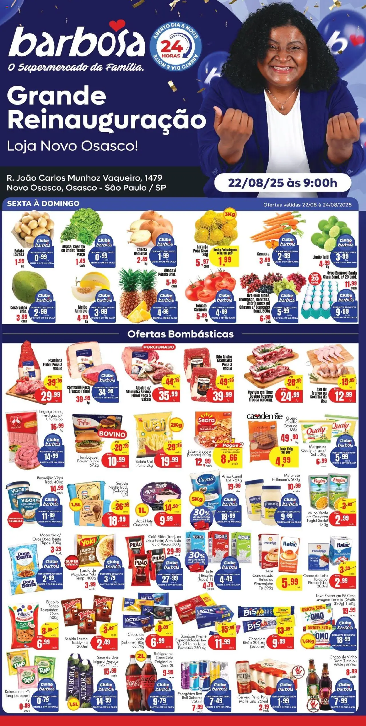 Barbosa Supermercados folheto "Ofertas Inauguração Novo Osasco" válido a partir de 22/08/2025 - número de página 1 - Hambúrguer, Uva, Abacaxi, Milho, Energético, Requeijão, Pó, Rosquinha