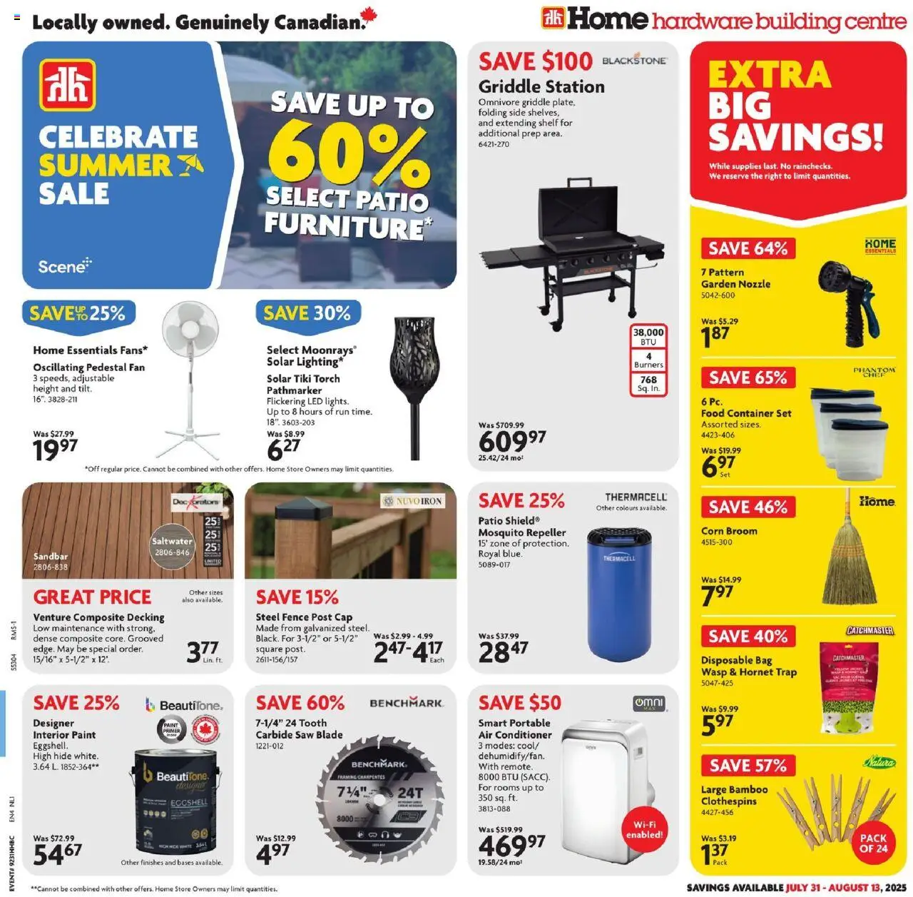 Home Hardware flyer valid from Jul 31, 2025 - page number 1 - Cap, Bag, Fan, Conditioner, Corn, Food, Shelf