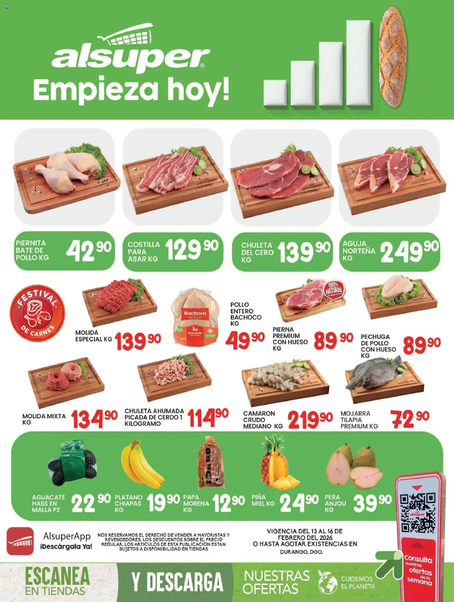 Vista previa las ofertas de la tienda Alsuper - Folleto Durango desde el 13/02/2026 - Pollo, Papa, Aguacate, Plátano, Miel, Sobre, Chuleta, Malla