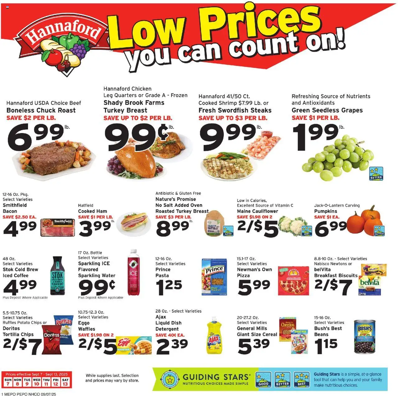 Ad Preview of Hannaford Weekly Ad from 09/07/2025 - Pizza, Waffles, Pasta, Ice, Shrimp, Grapes, Ham, Beef