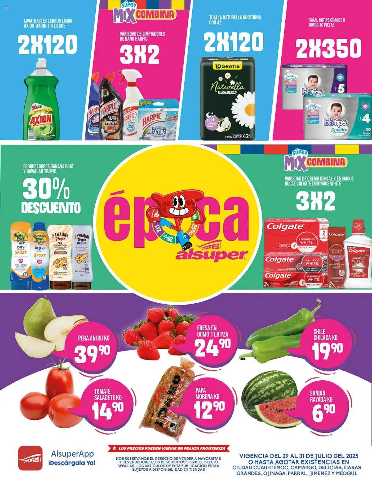 Folleto - Chihuahua Estado Alsuper y sus promociones válidas desde el 29/07/2025 - Número de página 1 - Papa, Baño, Chile, Sandía, Limón, Enjuague bucal, Pera, Carbón activado