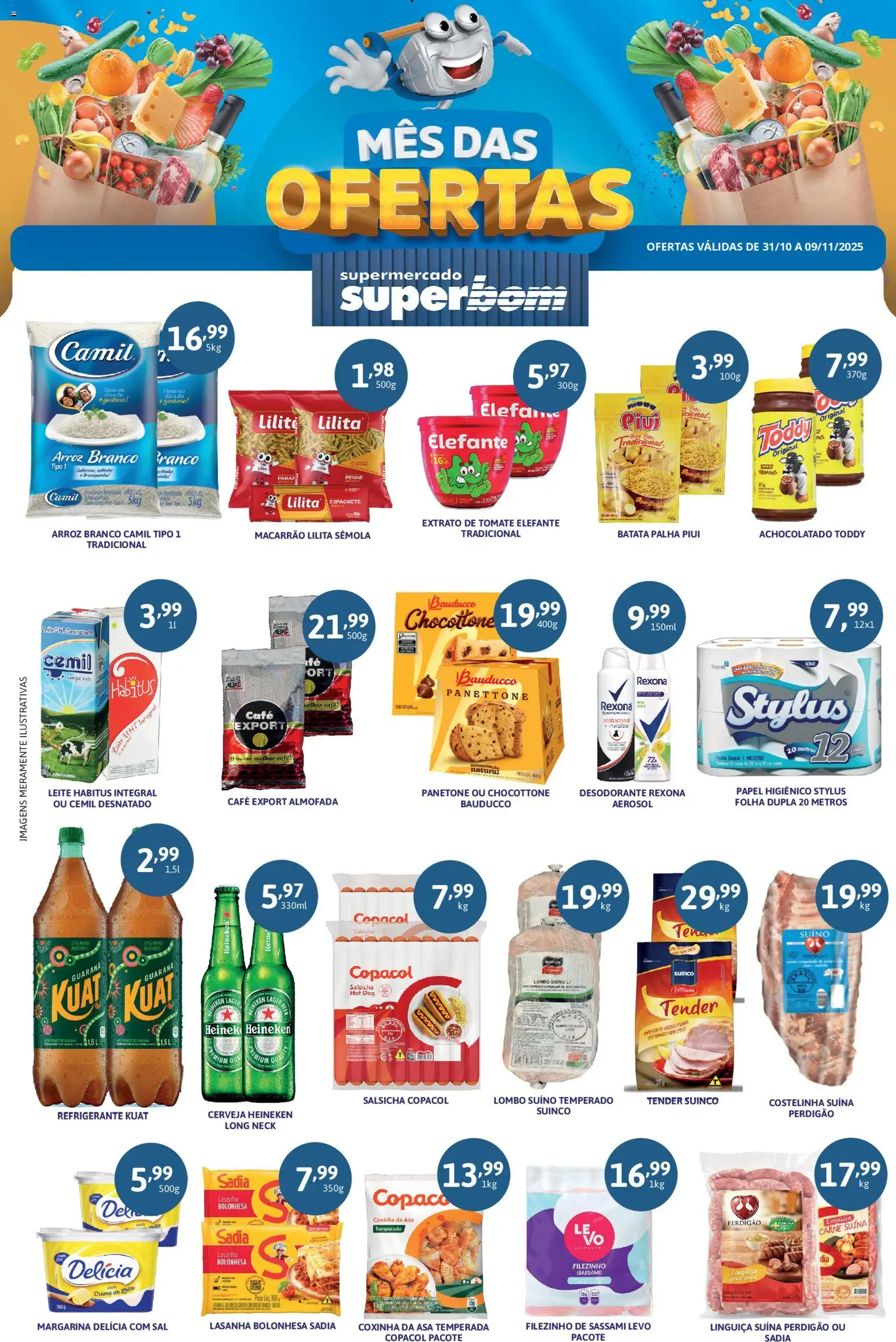 Pré-Visualização do folheto "Ofertas da semana" da loja Superbom válido a partir de 31/10/2025 - Salsicha, Batata, Panetone, Refrigerante, Batata palha, Guaraná, Espaguete, Panettone