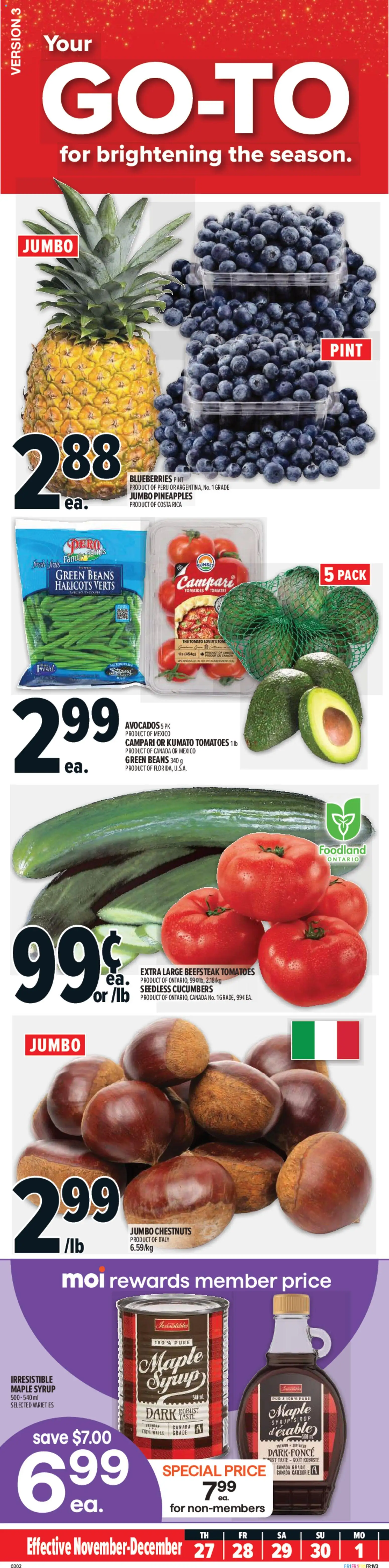 Preview of leaflet Montréal from shop Metro is valid from Nov 27, 2025 - Blueberries, Maple syrup, Tomato, Tomatoes, Cucumbers, Beans, Campari, Syrup