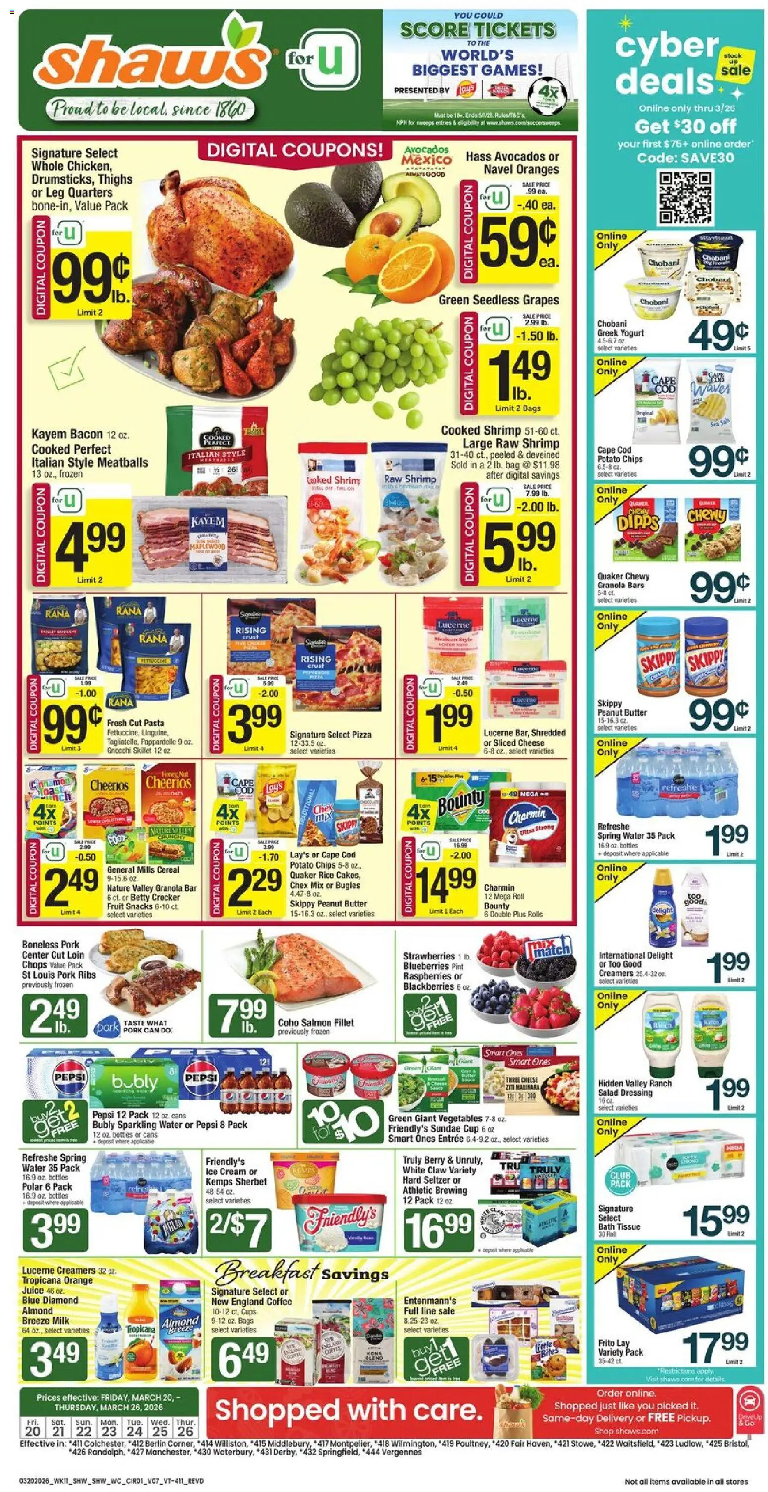 Ad Preview of Shaw's Shaw's Weekly Ad - VT from 03/20/2026 - Salad, Dressing, Shrimp, Yogurt, Butter, Skillet, Bag, Pork