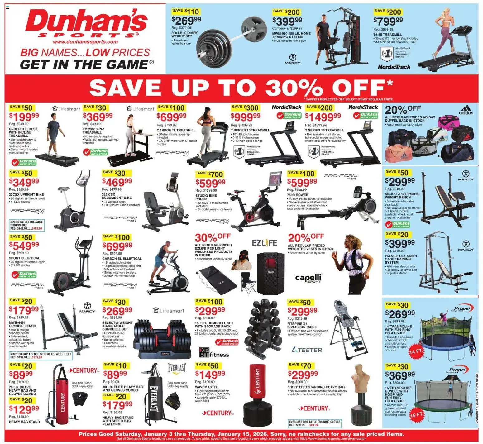 Ad Preview of Dunham's Sports Weekly Ad from 01/03/2026 - Treadmill, Bed, Desk, Bag, Weight, Gloves, Table