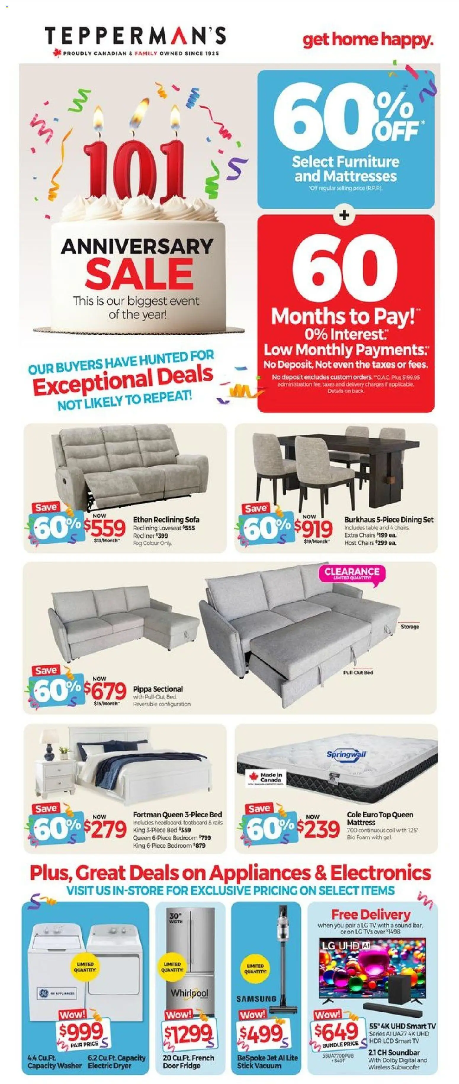 Preview of leaflet Tepperman's weekly flyer / circulaire from shop Tepperman's is valid from Mar 06, 2026 - Tv, Mattress, Sofa, Bed, Door, Foam, Dining set, Table