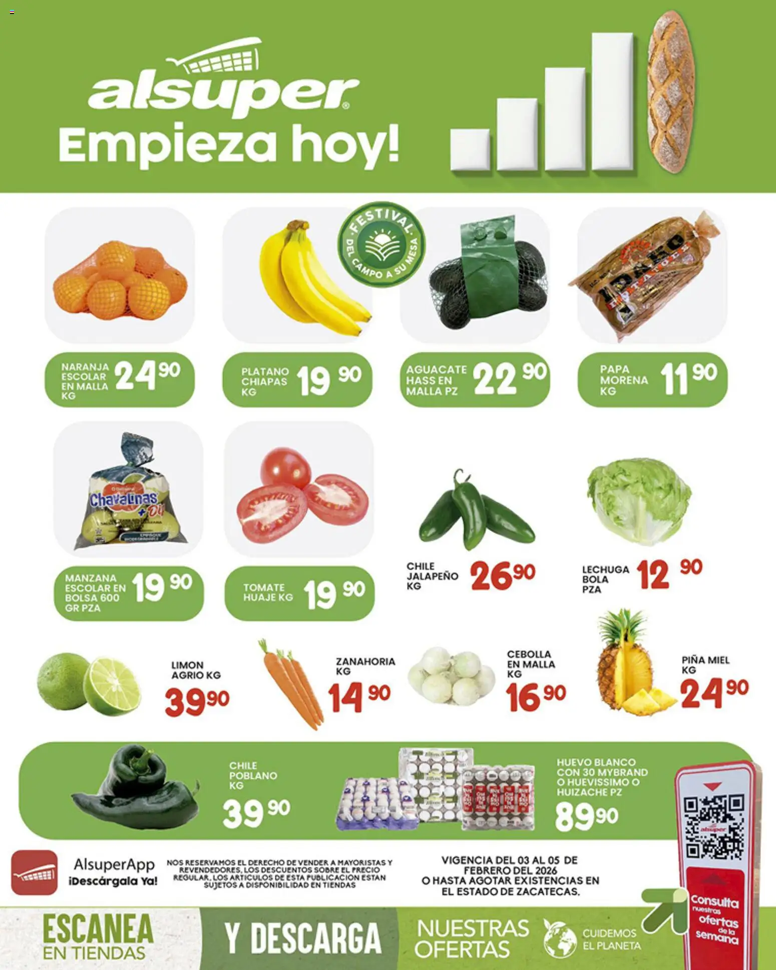 Vista previa las ofertas de la tienda Alsuper - Folleto Zacatecas desde el 03/02/2026 - Chile, Bolsa, Tomate, Plátano, Huevo, Zanahoria, Piña, Cebolla