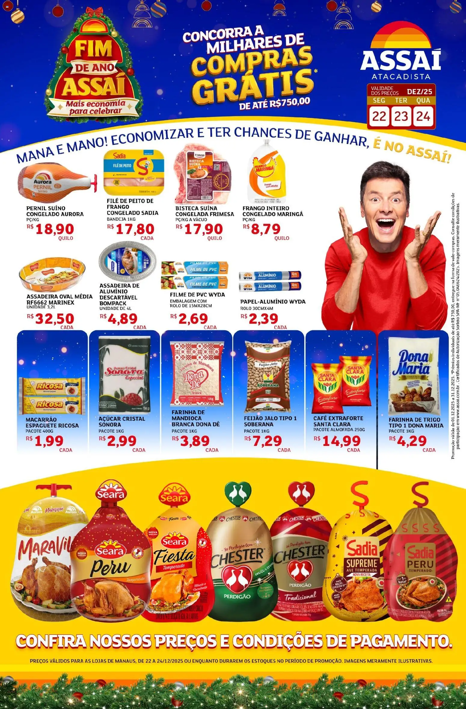 Pré-Visualização do folheto "Encarte - AM" da loja Assaí Atacadista válido a partir de 22/12/2025 - Peru, Macarrão, Mandioca, Pernil, Bandeja, Farinha, Assadeira, Rolo