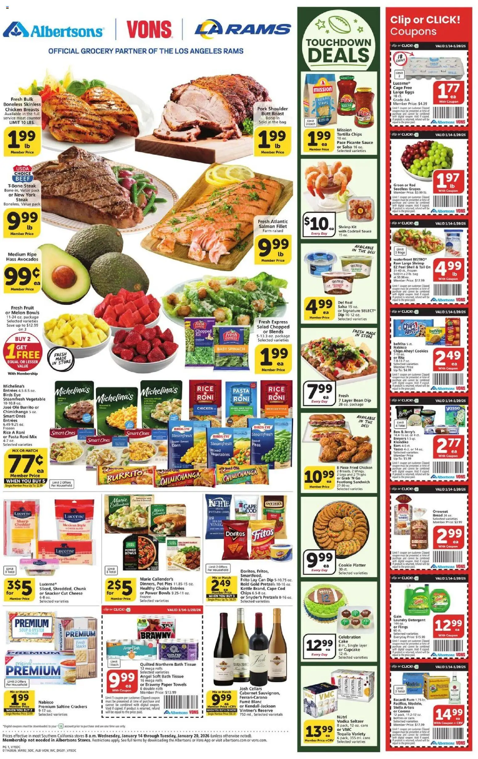 Ad Preview of Vons Weekly Ad from 01/14/2026 - Pasta, Cake, Fruit, Cupcake, Meat, Bath, Clip, Wc