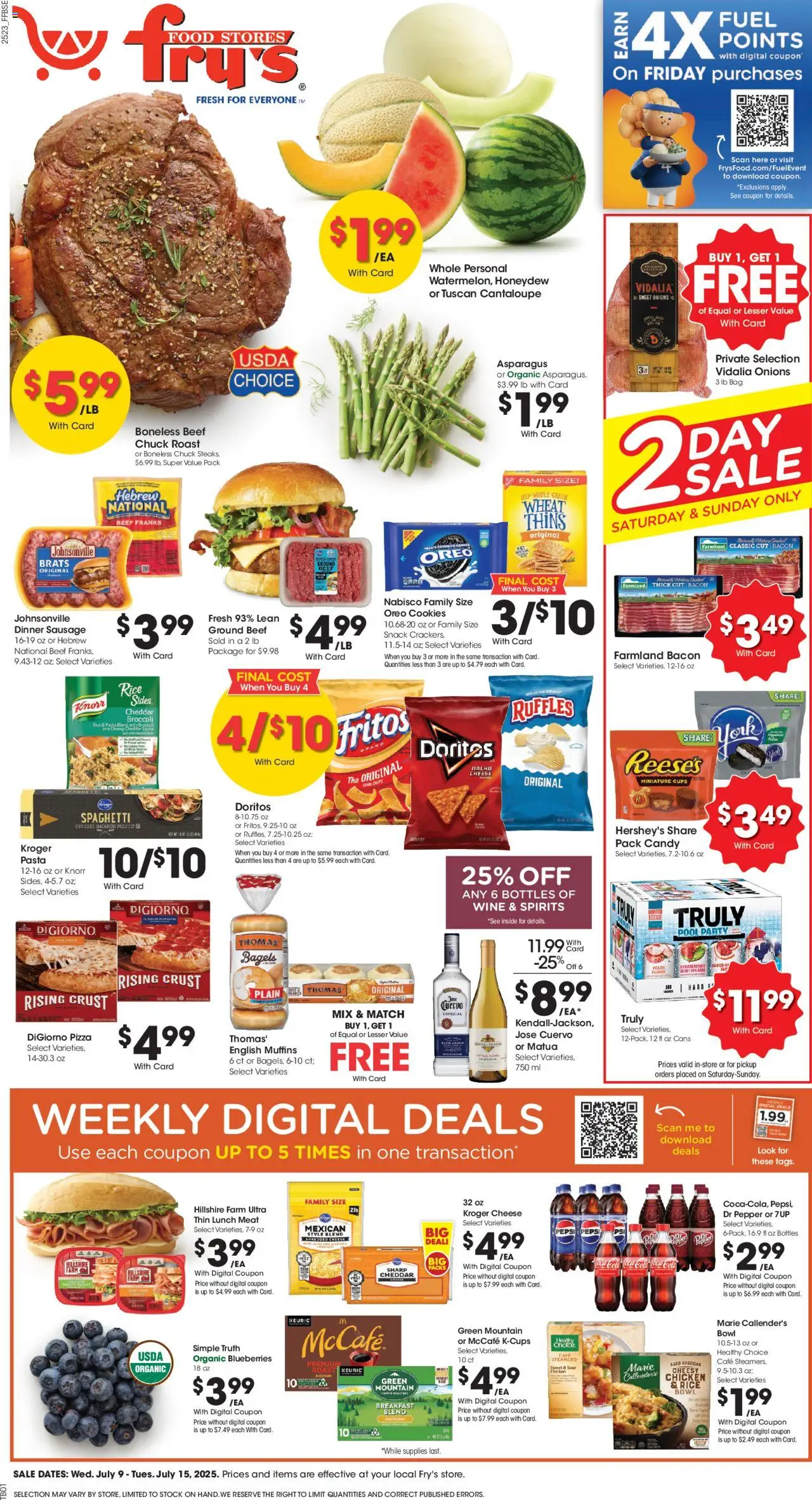 Fry's Food Weekly Ad - AZ from 07/09/2025 - Flyer - Page number 1 - Asparagus, Pizza, Wine, Oreo, Bacon, Pepper, Sausage, Muffins