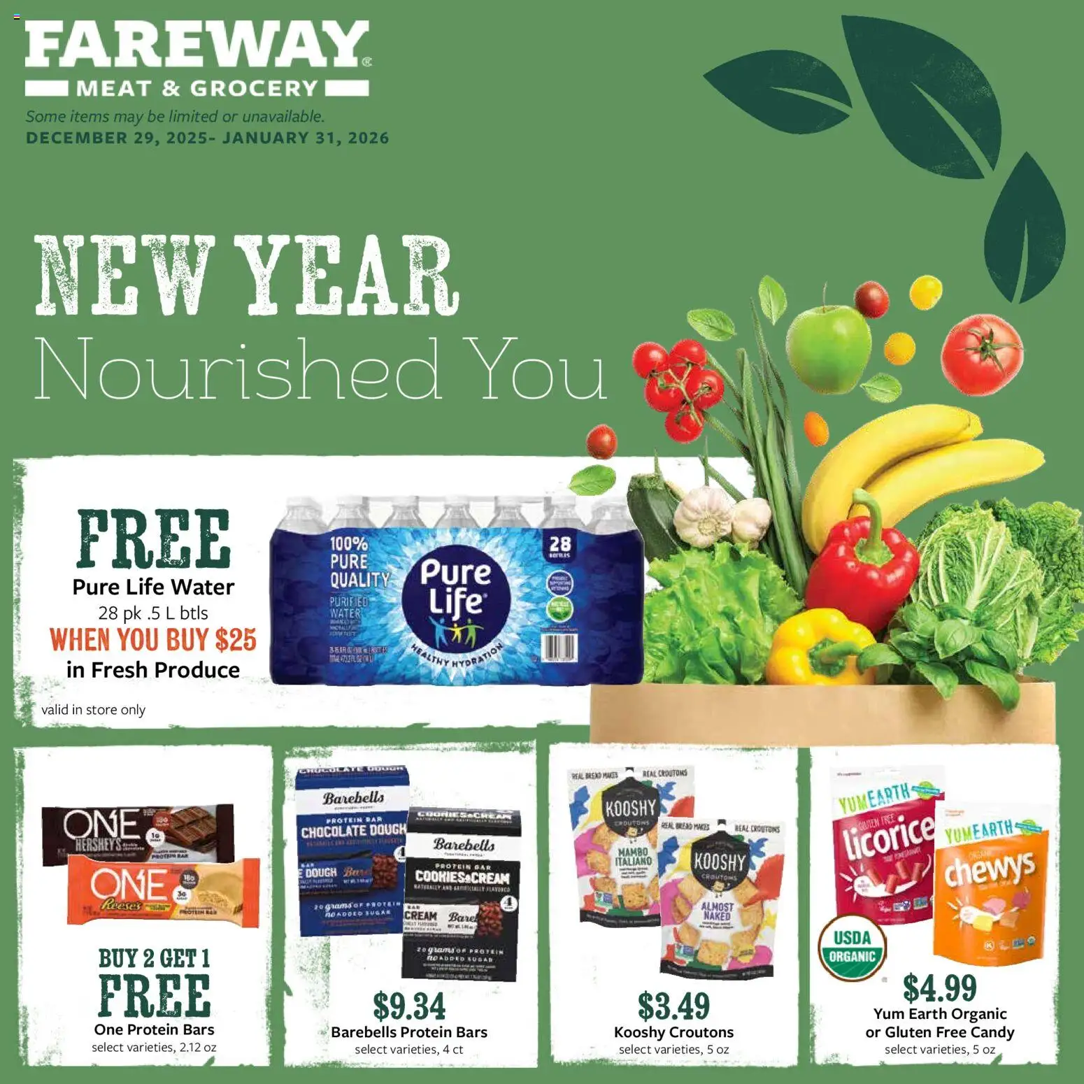Ad Preview of Fareway Monthly Ad from 12/29/2025 - Chocolate, Water, Protein, Meat, Sugar, Protein bar, Cream, Dough