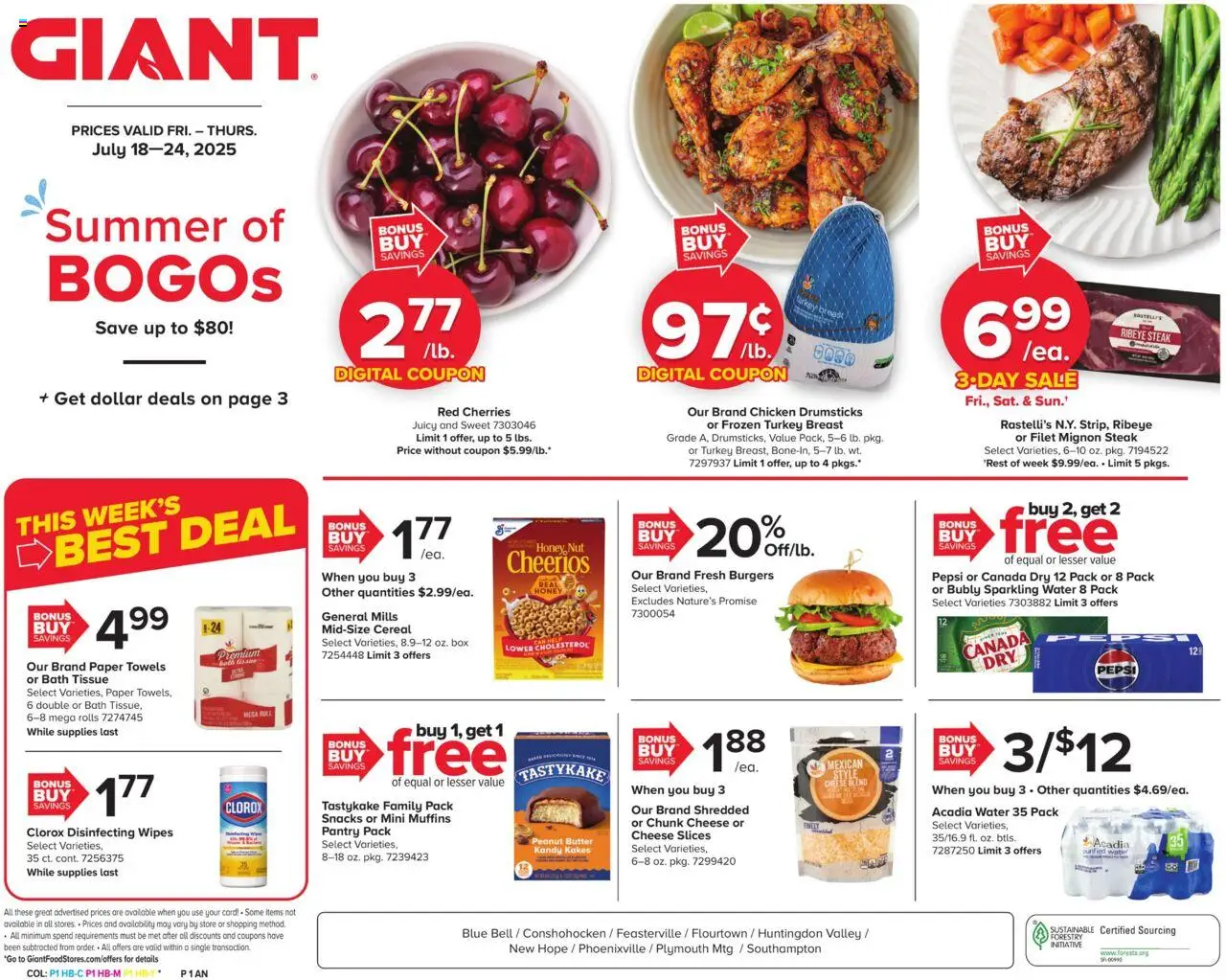 Giant Weekly Ad from 07/18/2025 - Flyer - Page number 1 - Chicken drumsticks, Disinfecting wipes, Water, Peanut butter, Snacks, Steak, Filet, Muffins