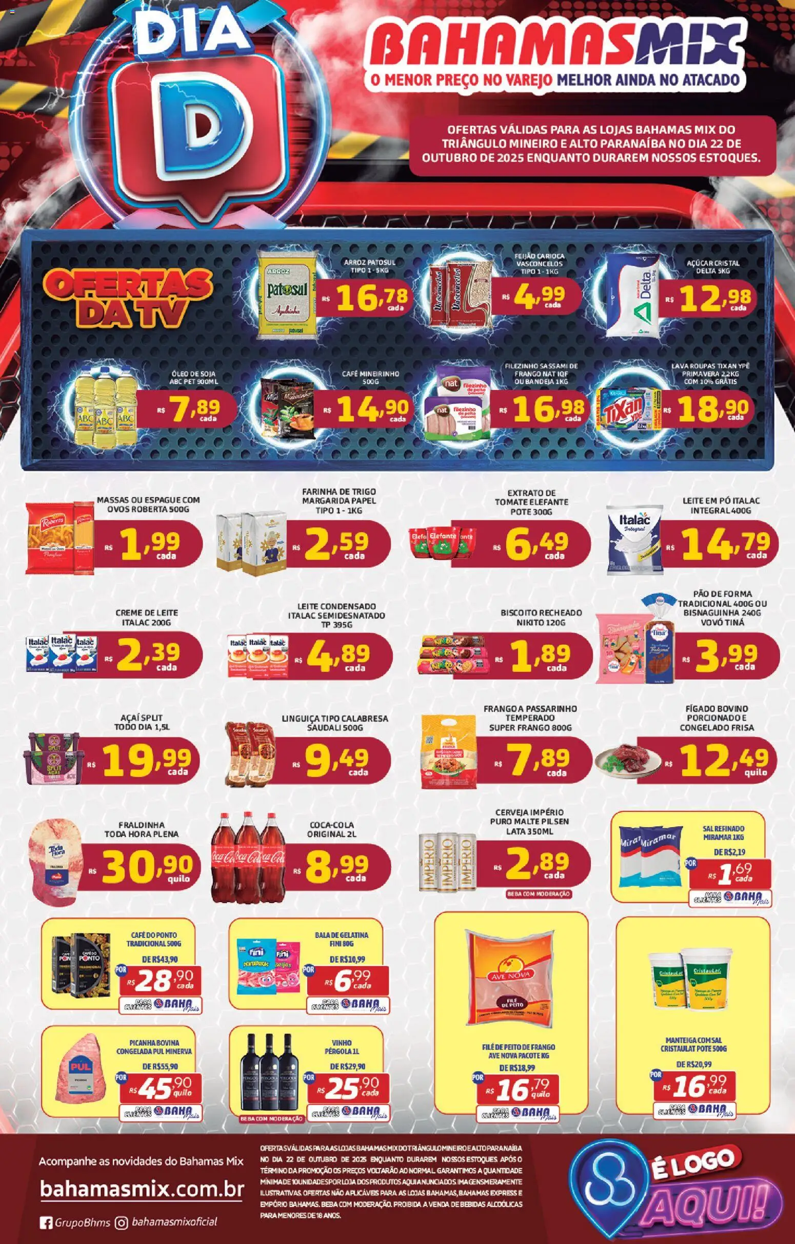 Pré-Visualização do folheto "Ofertas Dia D" da loja Bahamas Mix válido a partir de 22/10/2025 - Vinho, Ovos, Óleo, Biscoito, Leite, Açúcar, Bala, Biscoito recheado