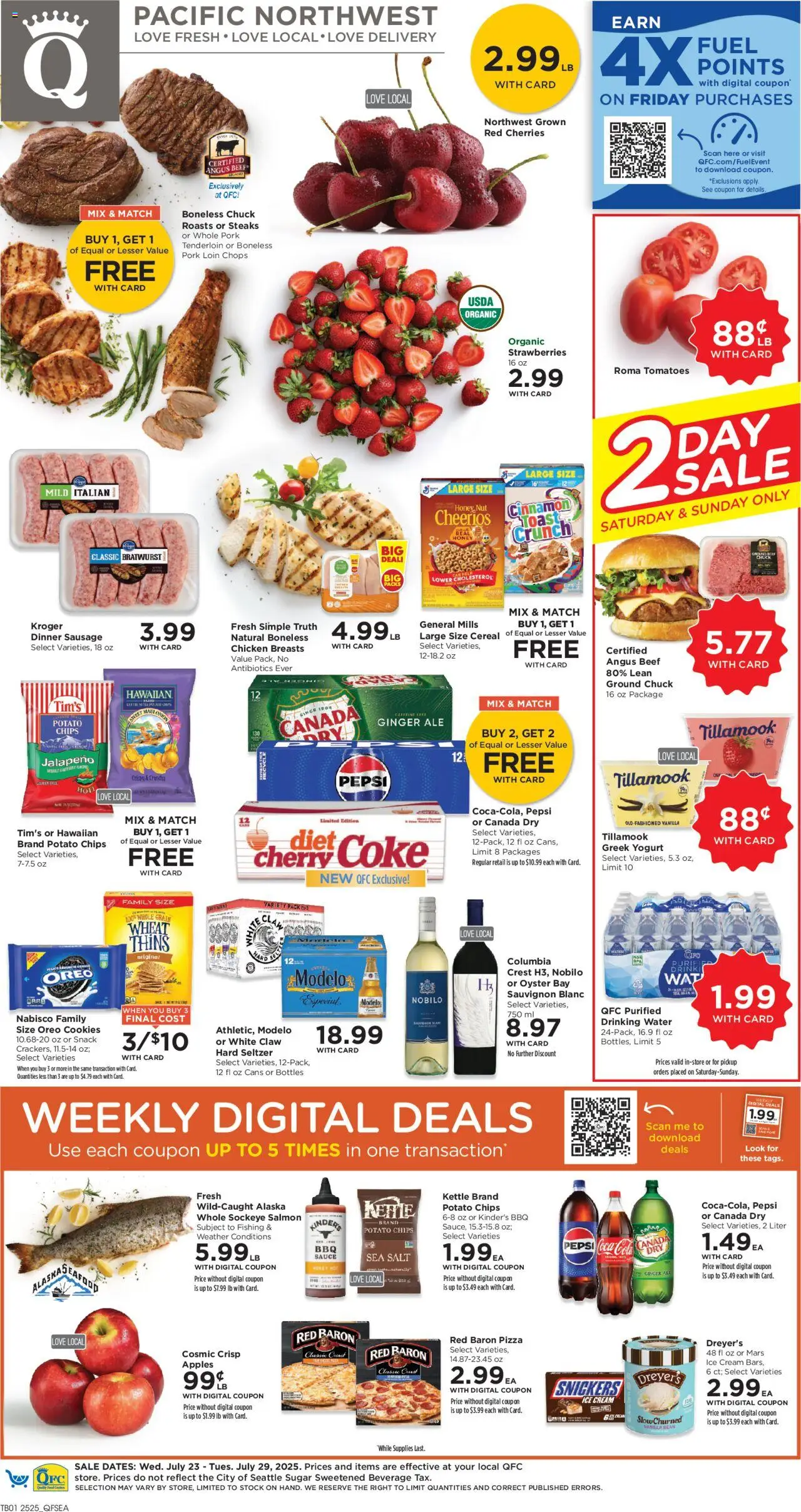QFC Weekly Ad from 07/23/2025 - Flyer - Page number 1 - Ice cream, Cookies, Cherries, Yogurt, Cereal, Pepsi, Salt, Vanilla bean