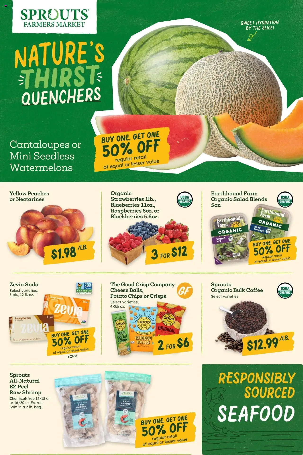Sprouts Weekly Ad from 07/23/2025 - Flyer - Page number 1 - Beer, Strawberries, Cheese, Blueberries, Cantaloupes, Onion, Cream cheese, Spinach