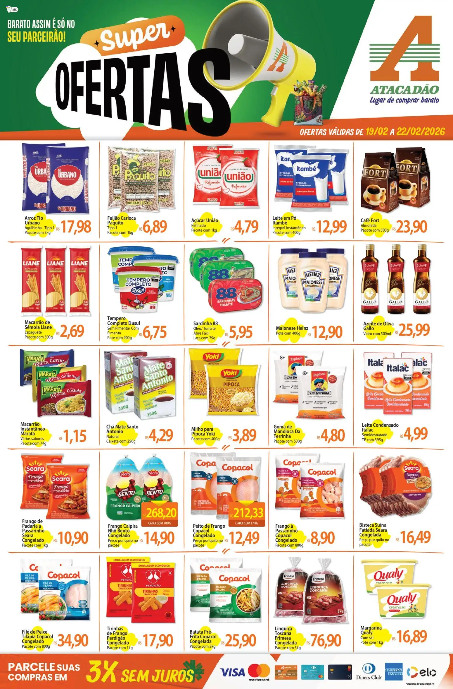 Pré-Visualização do folheto "Ofertas - MS" da loja Atacadão válido a partir de 19/02/2026 - Feijão, Copa, Azeite, Chá, Pimenta, Peito de frango, Pó, Sardinha