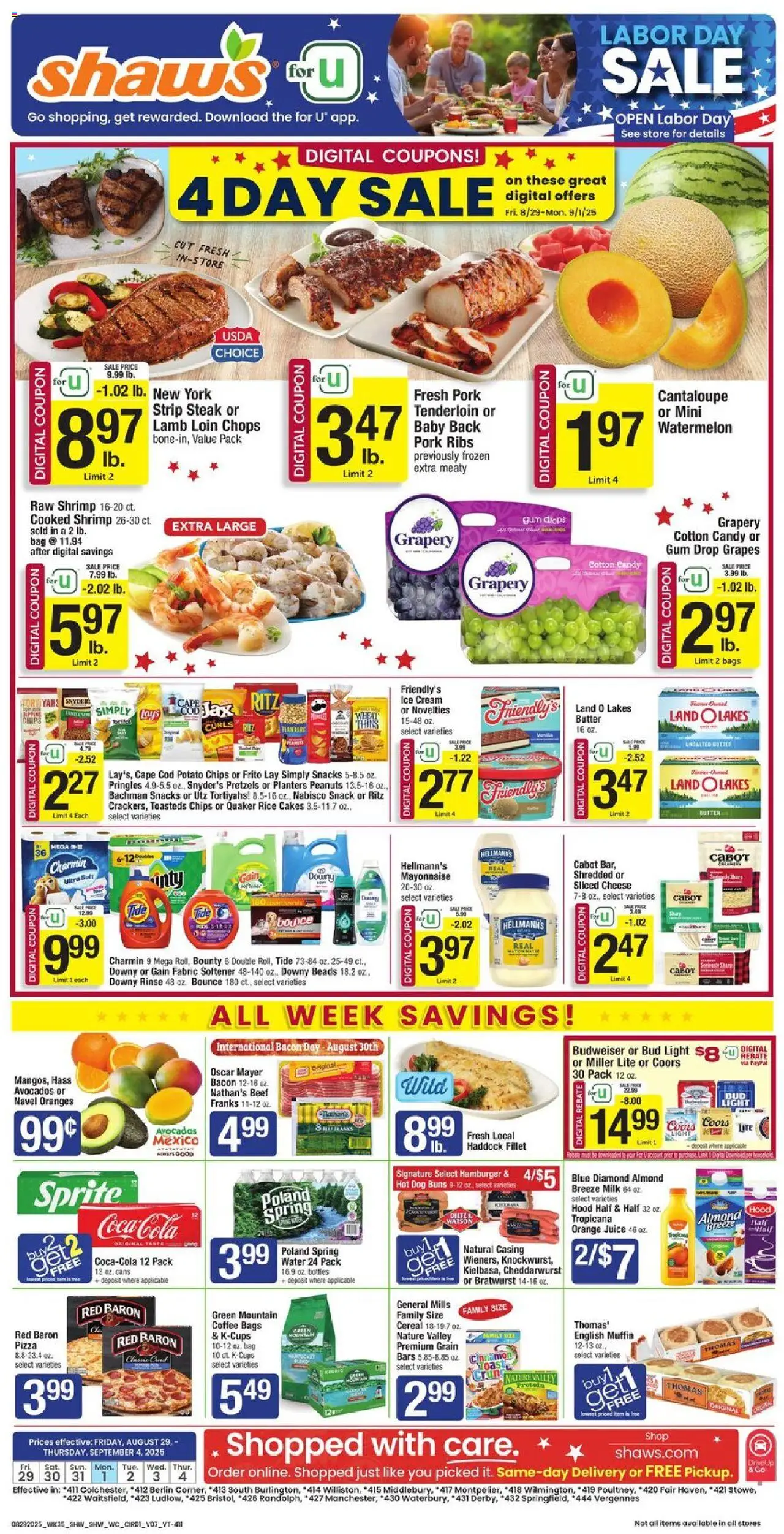 Shaw's Weekly Ad - VT from 08/29/2025 - Flyer - Page number 1 - Coffee, Candy, Hamburger, Watermelon, Juice, Bratwurst, Mayonnaise, Sliced cheese