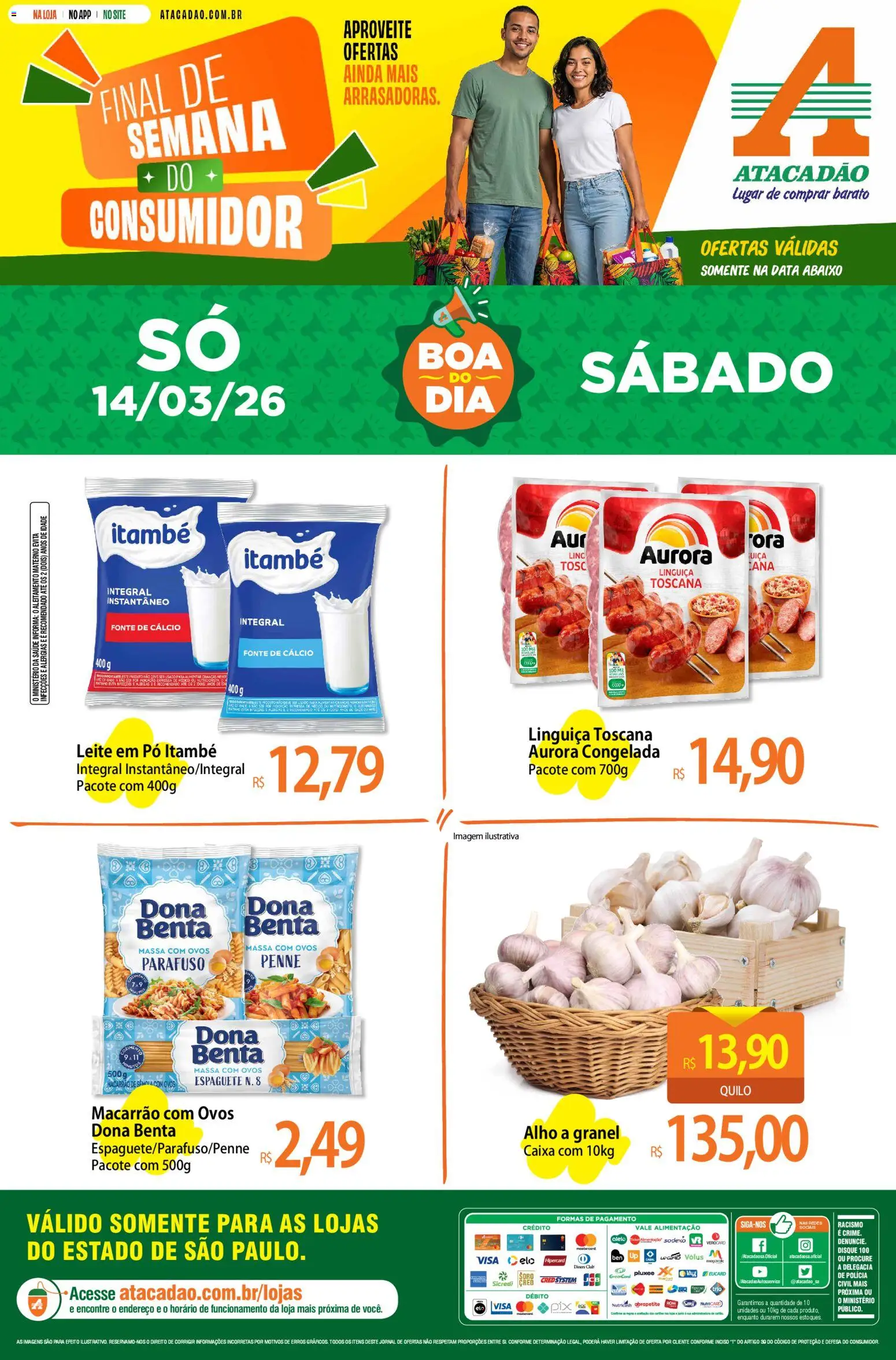 Pré-Visualização do folheto "Atacadão ofertas - SP" da loja Atacadão válido a partir de 14/03/2026 - Caixa, Leite, Massa, Leite em pó, Pó, Linguiça, Espaguete, Cálcio