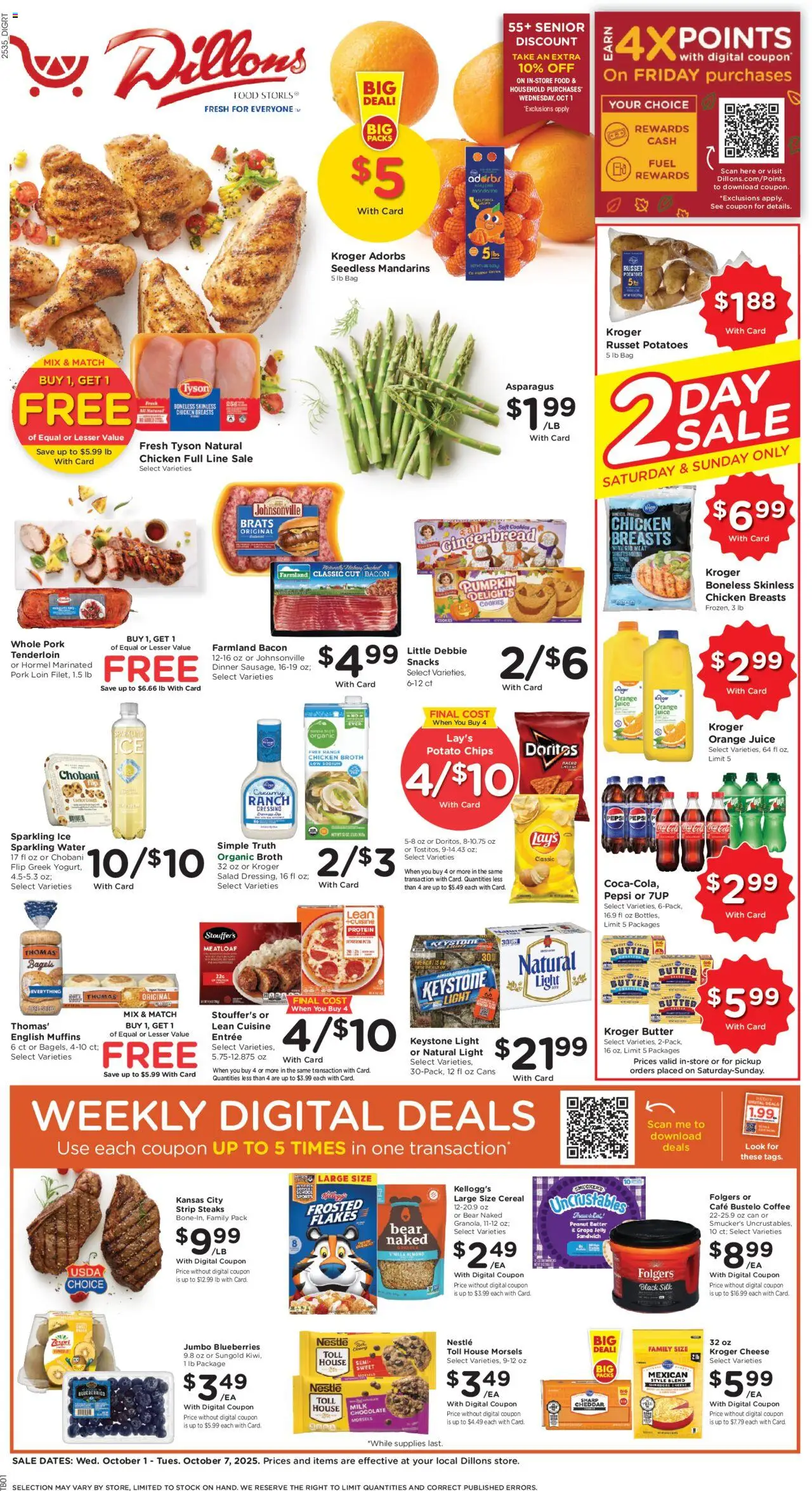 Dillons Weekly Ad from 10/01/2025 - Flyer - Page number 1 - Ice, Potatoes, Dressing, Pumpkin, Peanut butter, Mandarins, Potato chips, Chicken broth