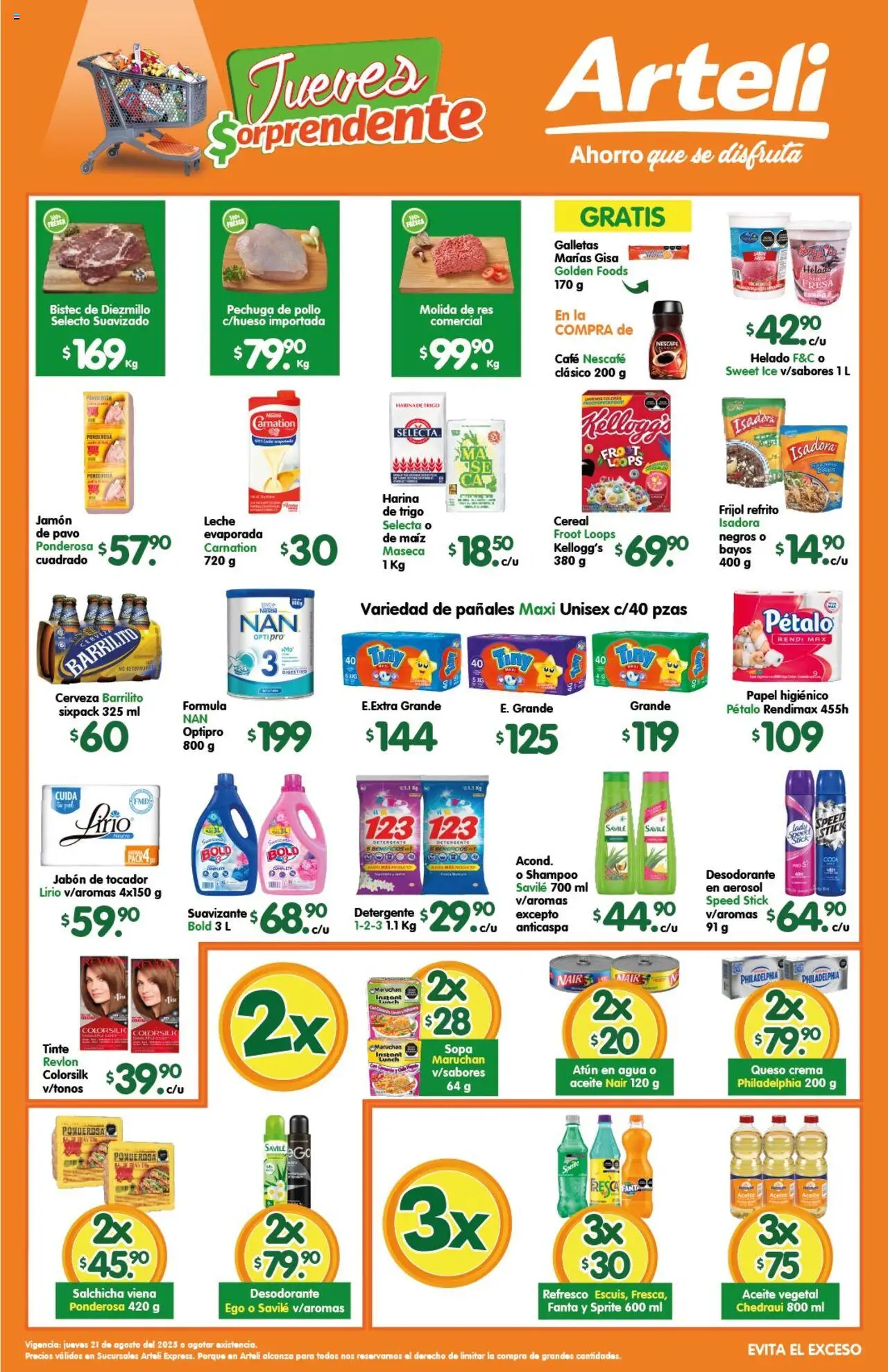 Folleto Express Arteli y sus promociones válidas desde el 21/08/2025 - Número de página 1 - Pollo, Maíz, Queso crema, Crema, Sopa, Jamón, Salchicha, Suavizante