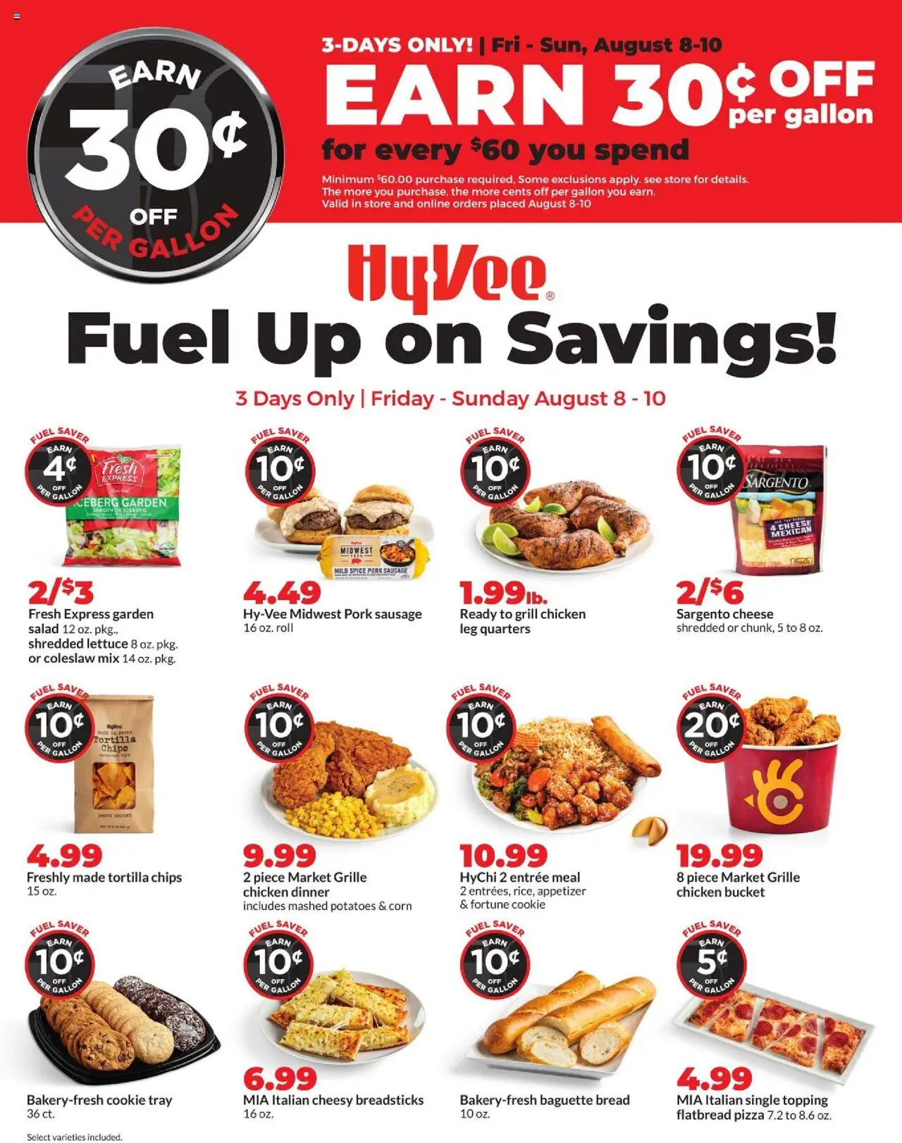 HyVee Special Sales from 08/08/2025 - Flyer - Page number 1 - Pizza, Salad, Grill, Sausage, Lettuce, Pork, Tortilla chips, Chicken