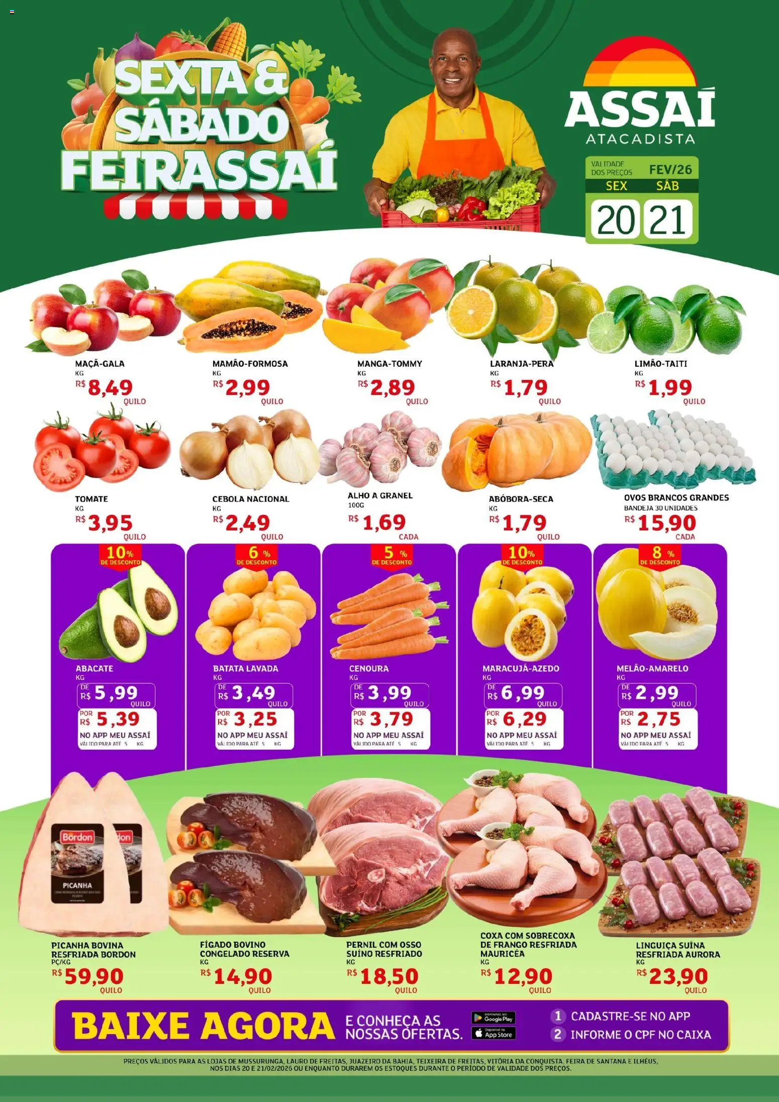 Pré-Visualização do folheto "Encarte - BA" da loja Assaí Atacadista válido a partir de 20/02/2026 - Caixa, Batata, Tomate, Cenoura, Fígado, Cebola, Pernil, Alho