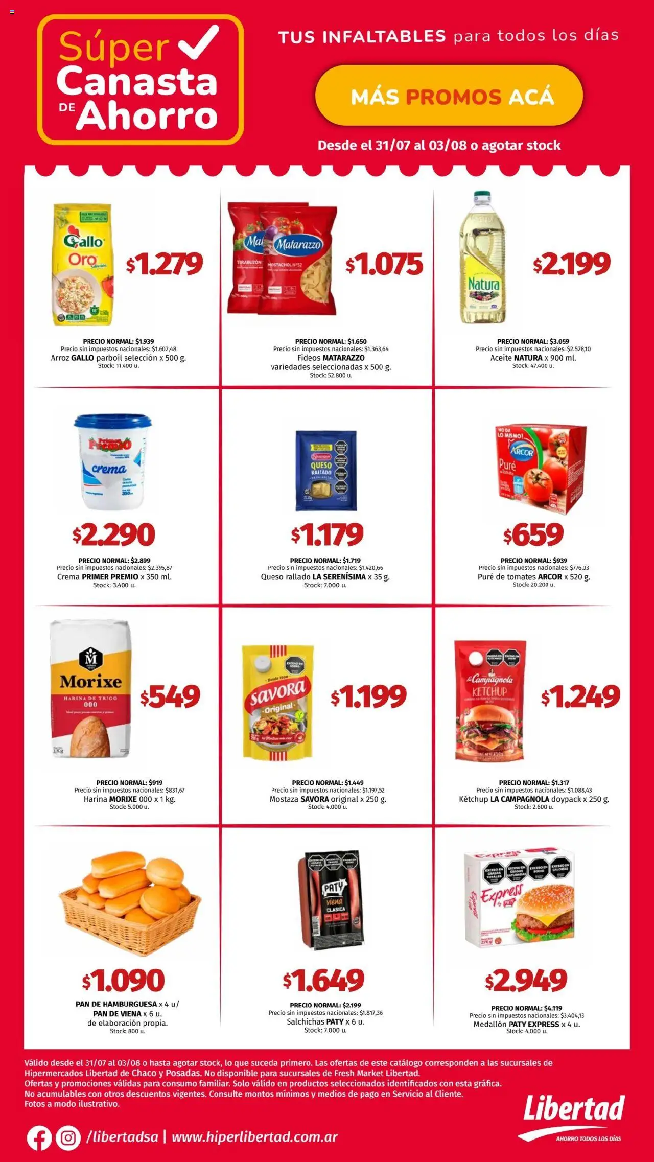 Hipermercado Libertad Canasta - NEA del 31/07/2025 Online - Mostaza, Hamburguesa, Queso, Arroz, Aceite, Fideos, Crema, Salchichas