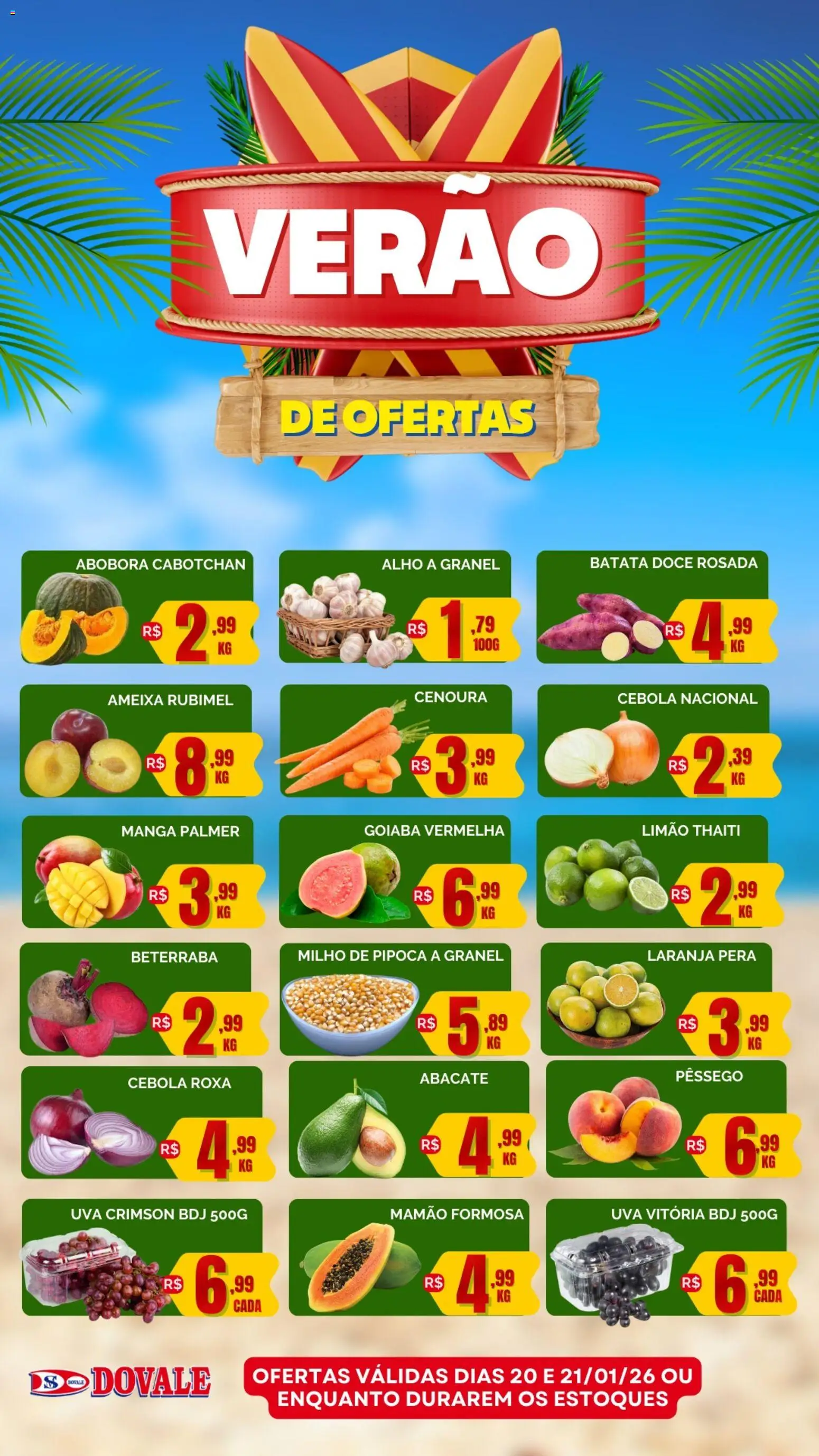 Pré-Visualização do folheto "Ofertas de Verão" da loja Dovale válido a partir de 20/01/2026 - Manga, Uva, Abóbora, Batata, Goiaba, Beterraba, Abacate, Mamão