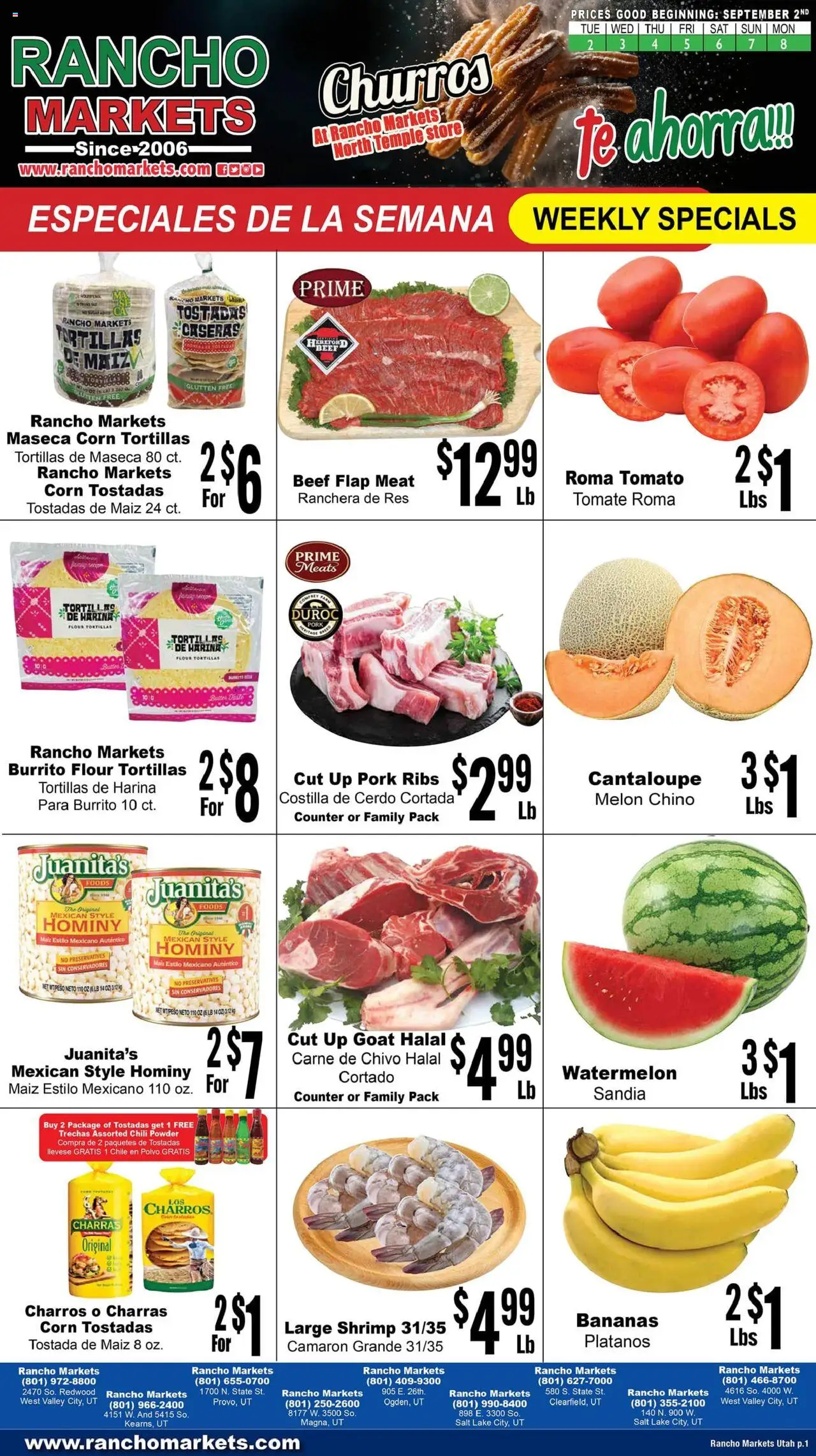 Rancho Markets Weekly Ad from 09/02/2025 - Flyer - Page number 1 - Watermelon, Meat, Salt, Tortillas, Pork, Melon, Powder, Pork ribs