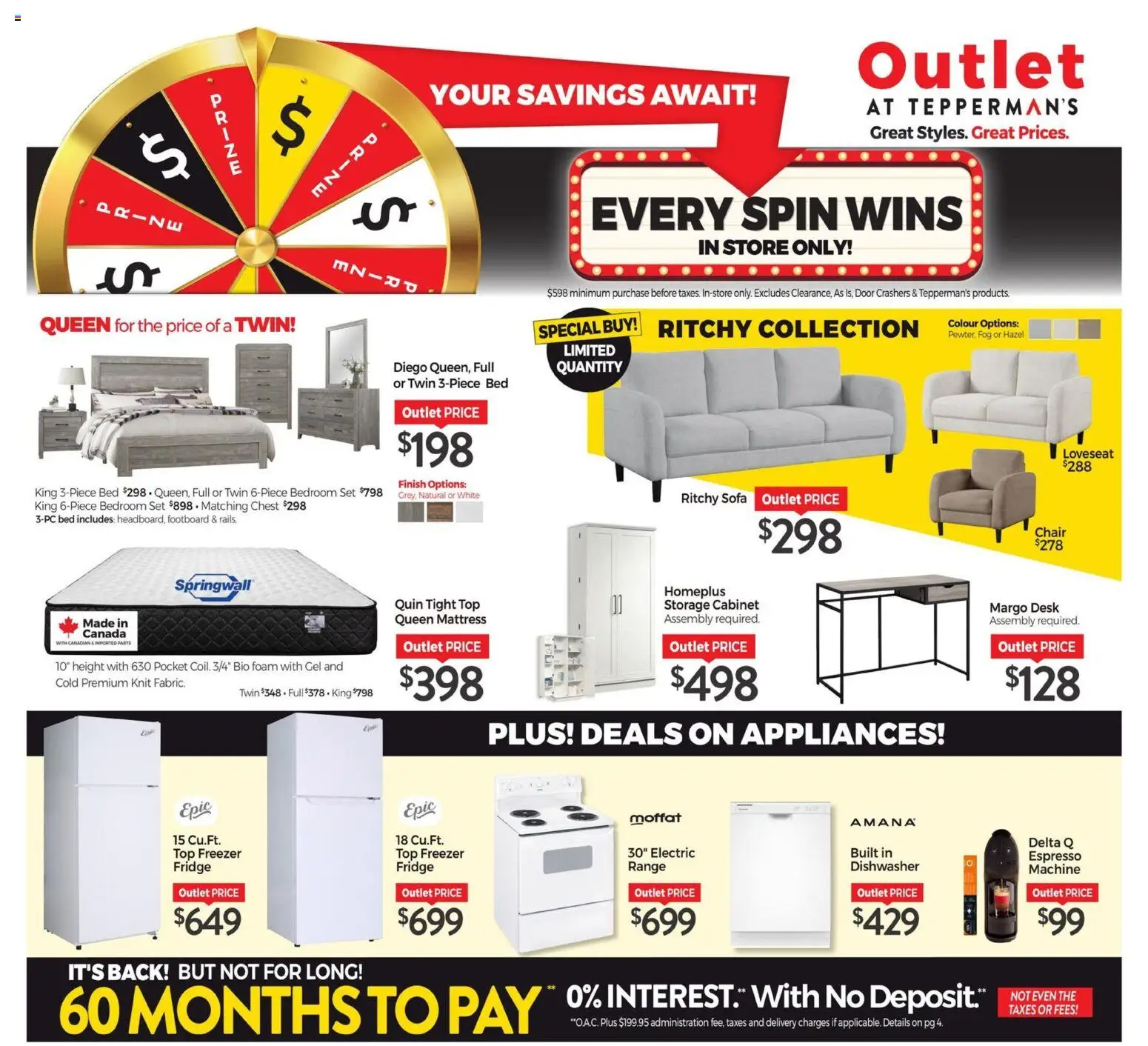 Preview of leaflet Tepperman's - Outlet from shop Tepperman's is valid from Mar 27, 2026 - Mattress, Sofa, Dishwasher, Bed, Cabinet, Chair, Door, Foam