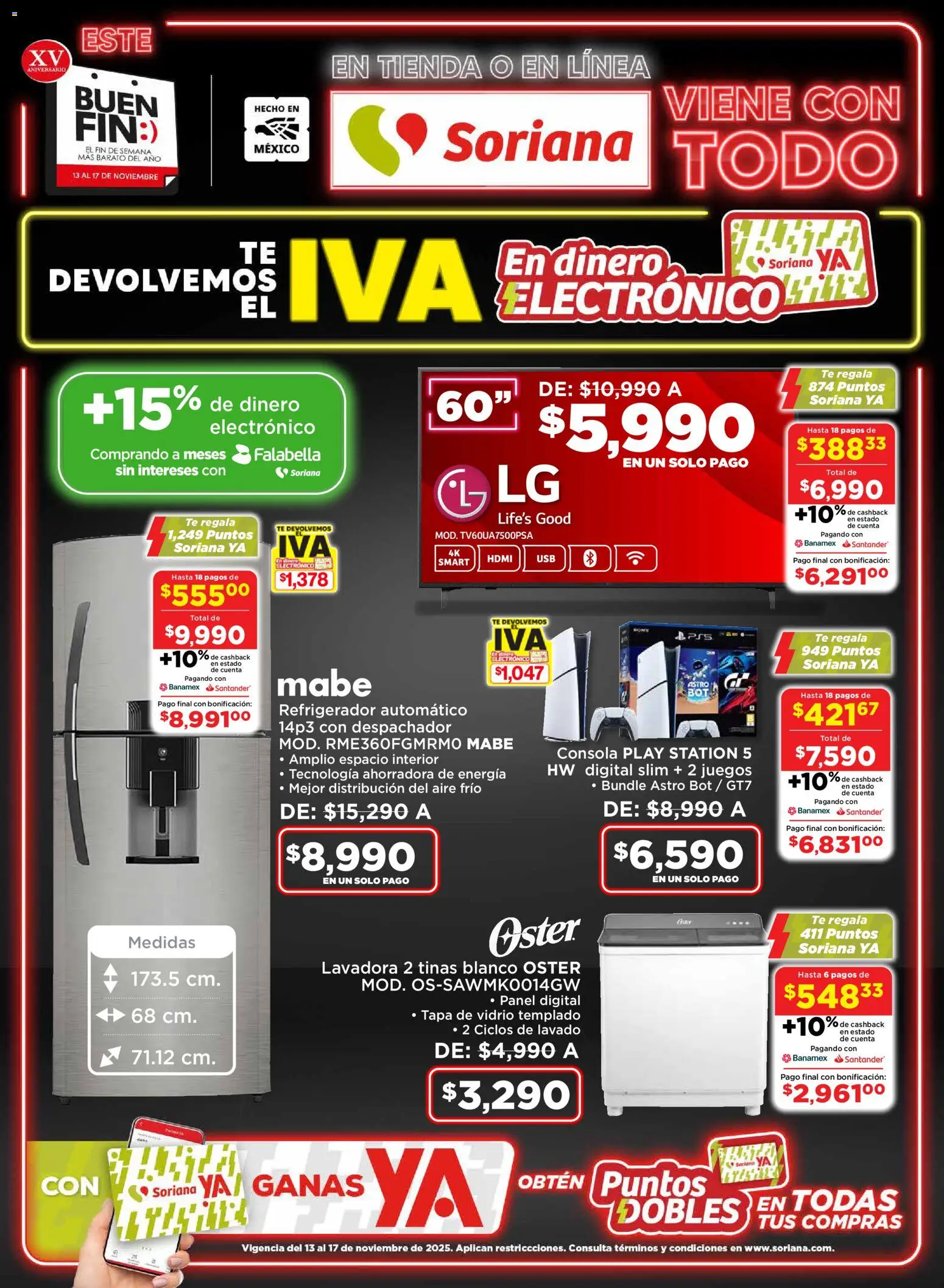 Vista previa las ofertas de la tienda Soriana - Buen Fin Mercado Nacional desde el 13/11/2025 - Refrigerador, Lavadora, Té