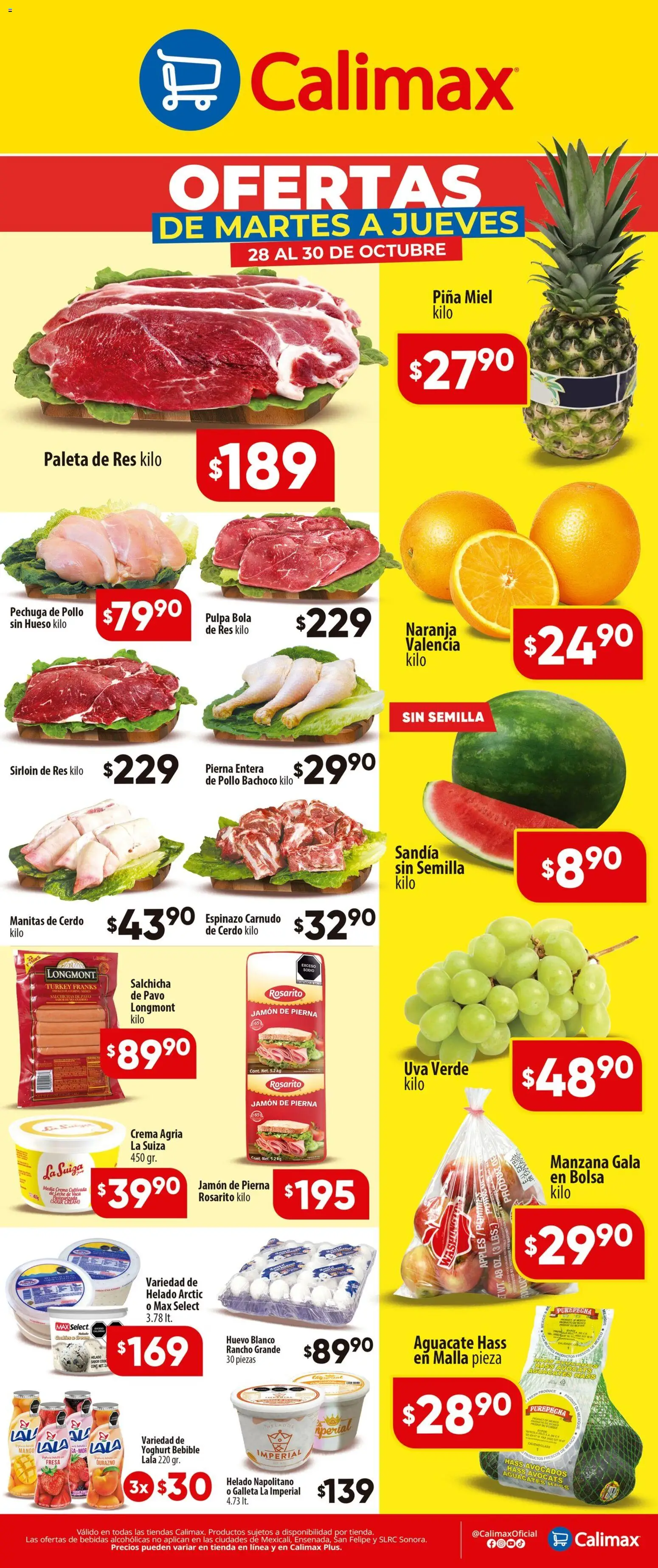 Vista previa las ofertas de la tienda Calimax - Folleto Ofertas de Martes a Jueves desde el 28/10/2025 - Manzana, Bebidas, Crema, Piña, Paleta, Miel, Crema agria, Malla