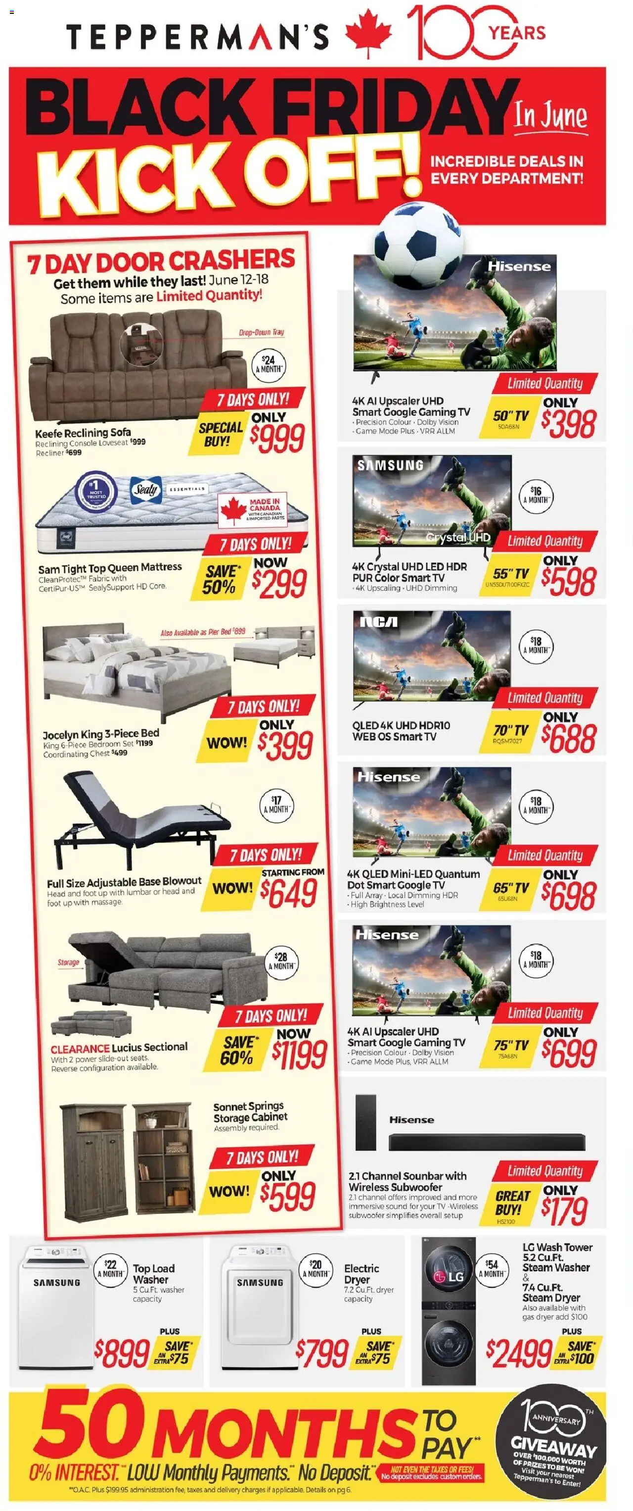 Tepperman's flyer valid from Jun 12, 2025 - page number 1 - Game, Tv, Mattress, Sofa, Bed, Cabinet, Door, Dryer