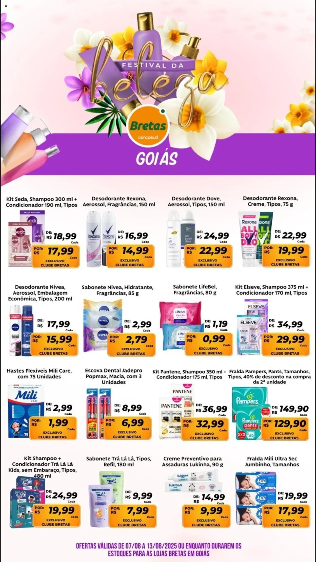 Bretas folheto "Ofertas Festival da Beleza" válido a partir de 07/08/2025 - número de página 1 - Shampoo, Desodorante, Body, Sabonete, Creme, Rexona, Escova, Condicionador
