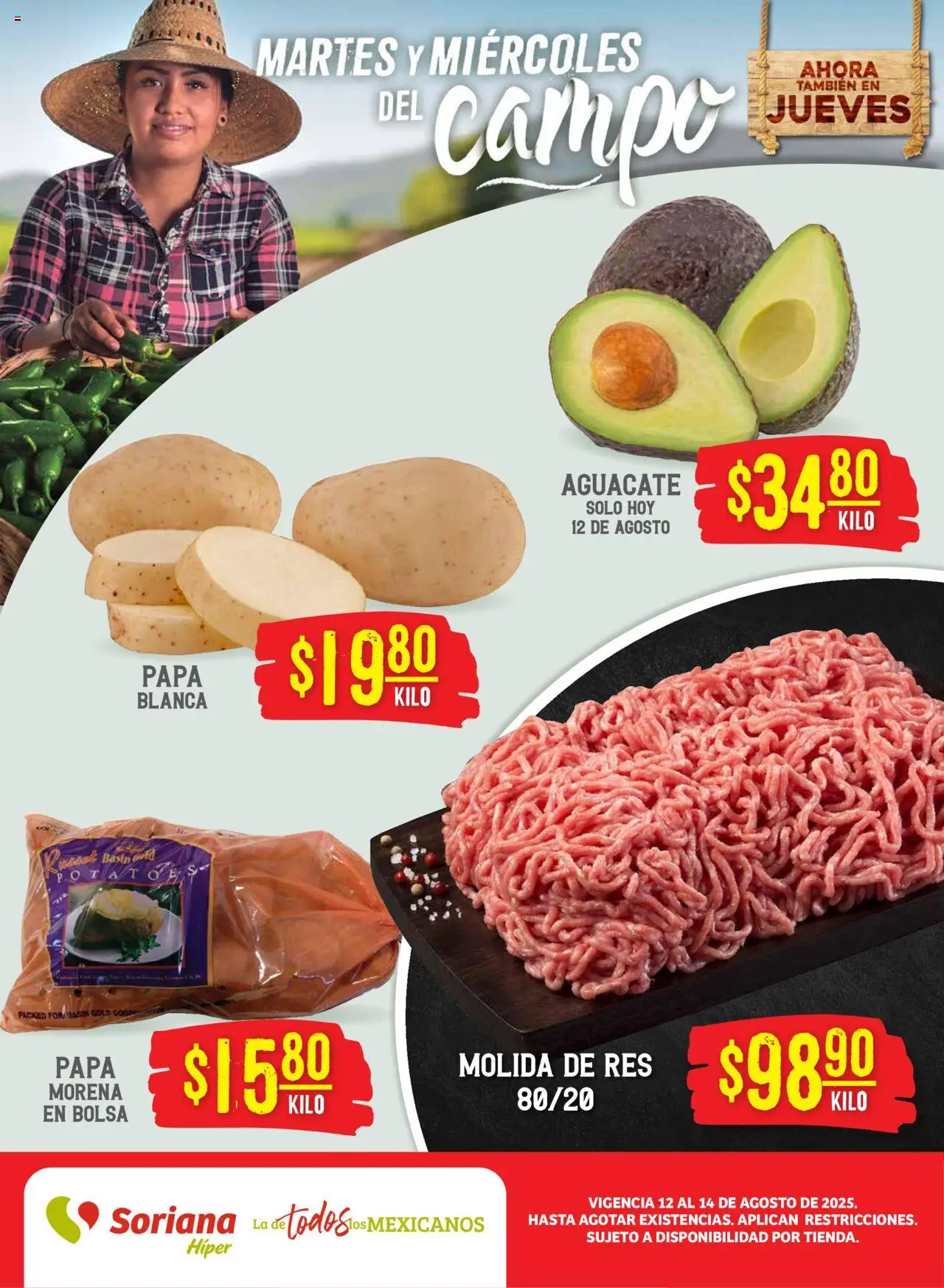 Martes y Miércoles del Campo Híper: Tamaulipas (excepto Cd. Victoria y Tampico) Soriana y sus promociones válidas desde el 12/08/2025 - Número de página 1 - Papa, Bolsa, Aguacate, Res
