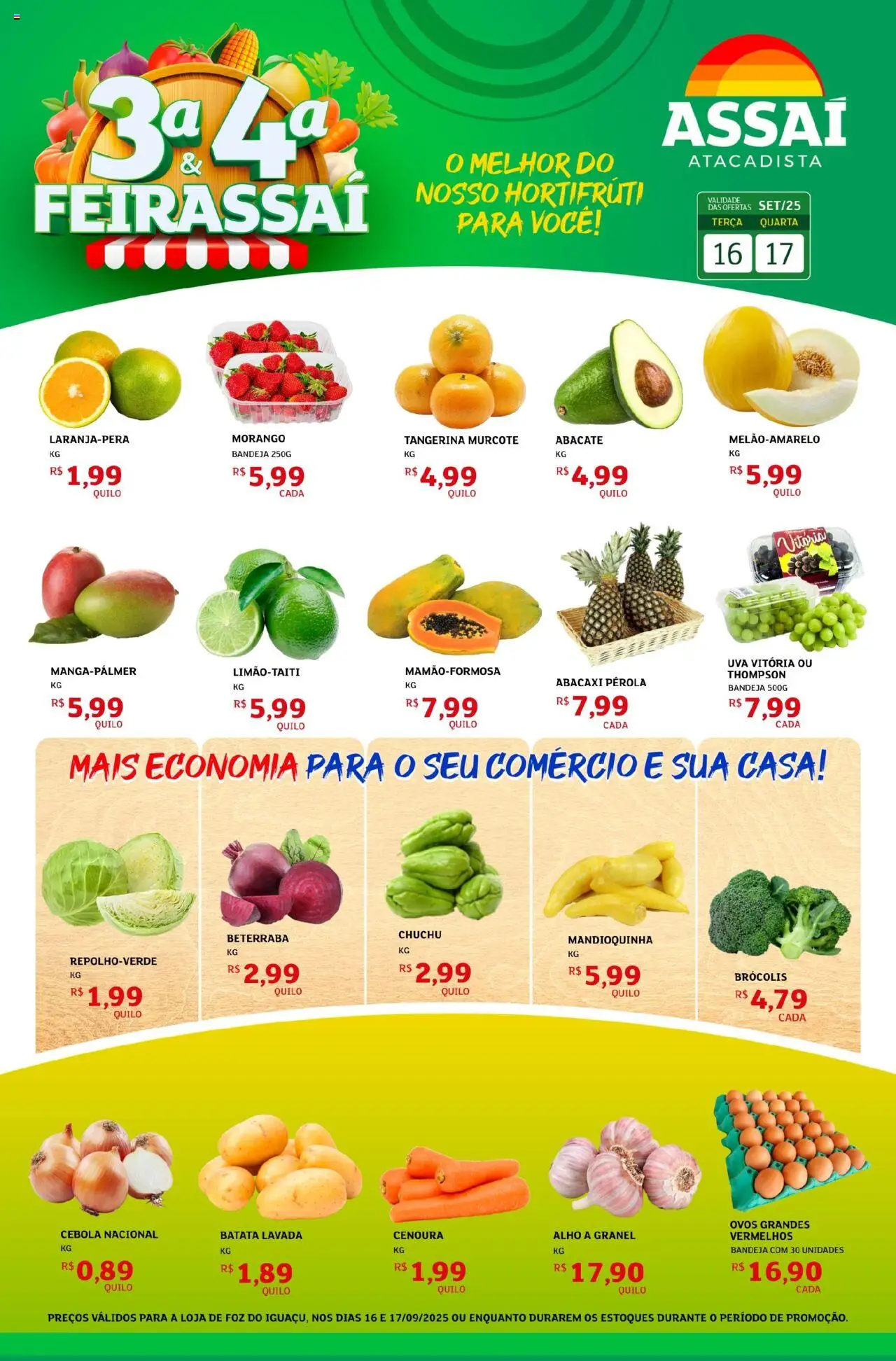 Assaí Atacadista folheto "Encarte - PR" válido a partir de 16/09/2025 - número de página 1 - Uva, Brócolis, Chuchu, Beterraba, Abacate, Cebola, Bandeja, Mandioquinha