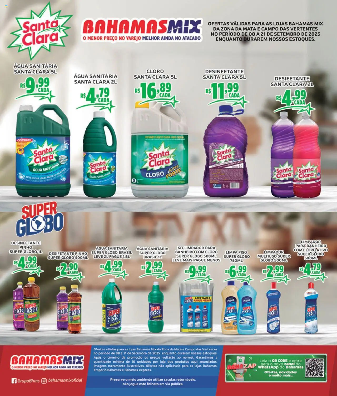 Bahamas Mix folheto "Ofertas Ceras Johnson e Super Globo" válido a partir de 08/09/2025 - número de página 1 - Água, Desinfetante, Piso, Água sanitária, Cloro, Limpa piso