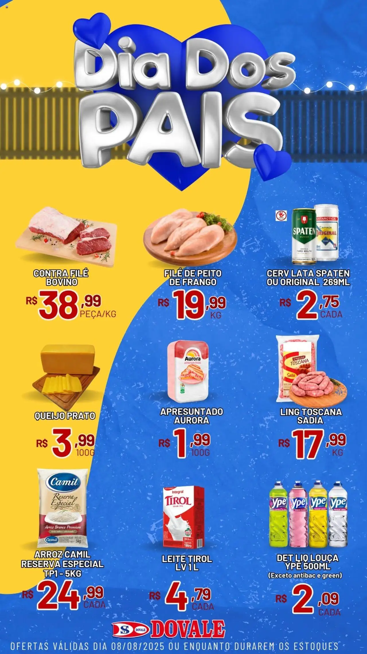 Dovale folheto "Ofertas do Dia" válido a partir de 08/08/2025 - número de página 1 - Cerveja, Arroz, Leite, Queijo, Frango, Louça, Linguiça, Contra filé