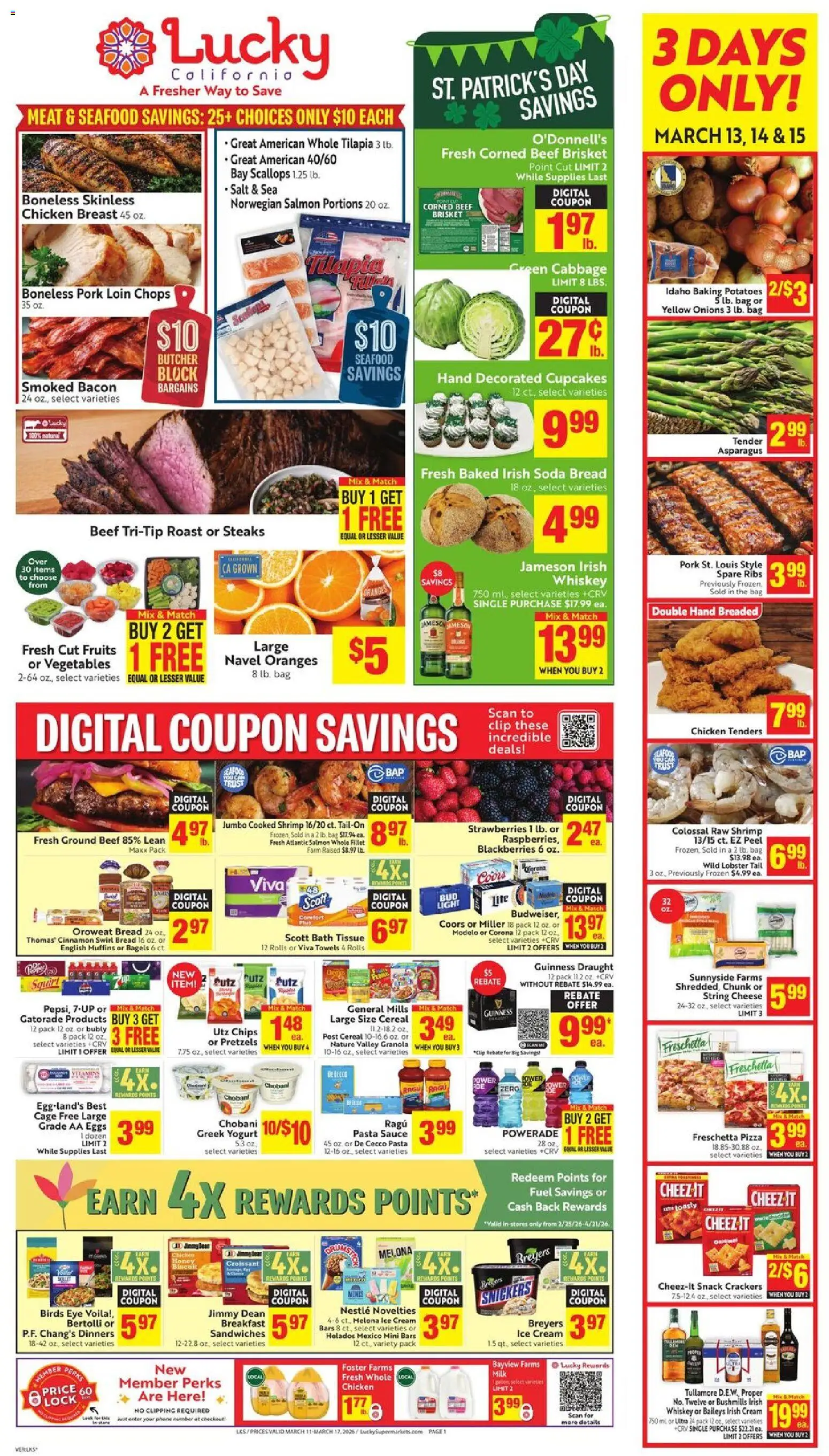 Ad Preview of Lucky Supermarkets Lucky Supermarkets Weekly - CA from 03/11/2026 - Ice cream, Phone, Strawberries, Cheese, Bacon, Cabbage, Bath, Chicken