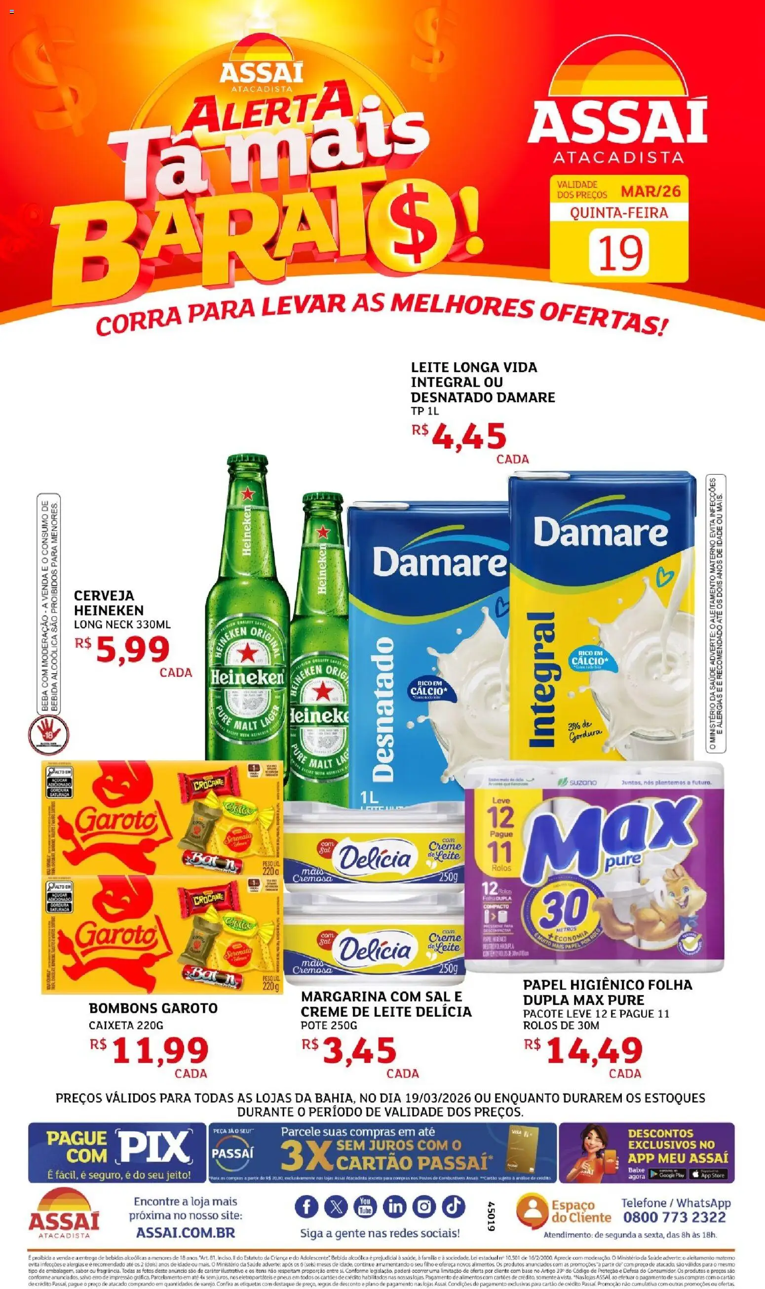 Pré-Visualização do folheto "Assaí Atacadista ofertas - BA" da loja Assaí Atacadista válido a partir de 19/03/2026 - Cerveja, Pneus, Base, Bebida, Leite, Papel higiênico, Alimentos, Leite longa vida