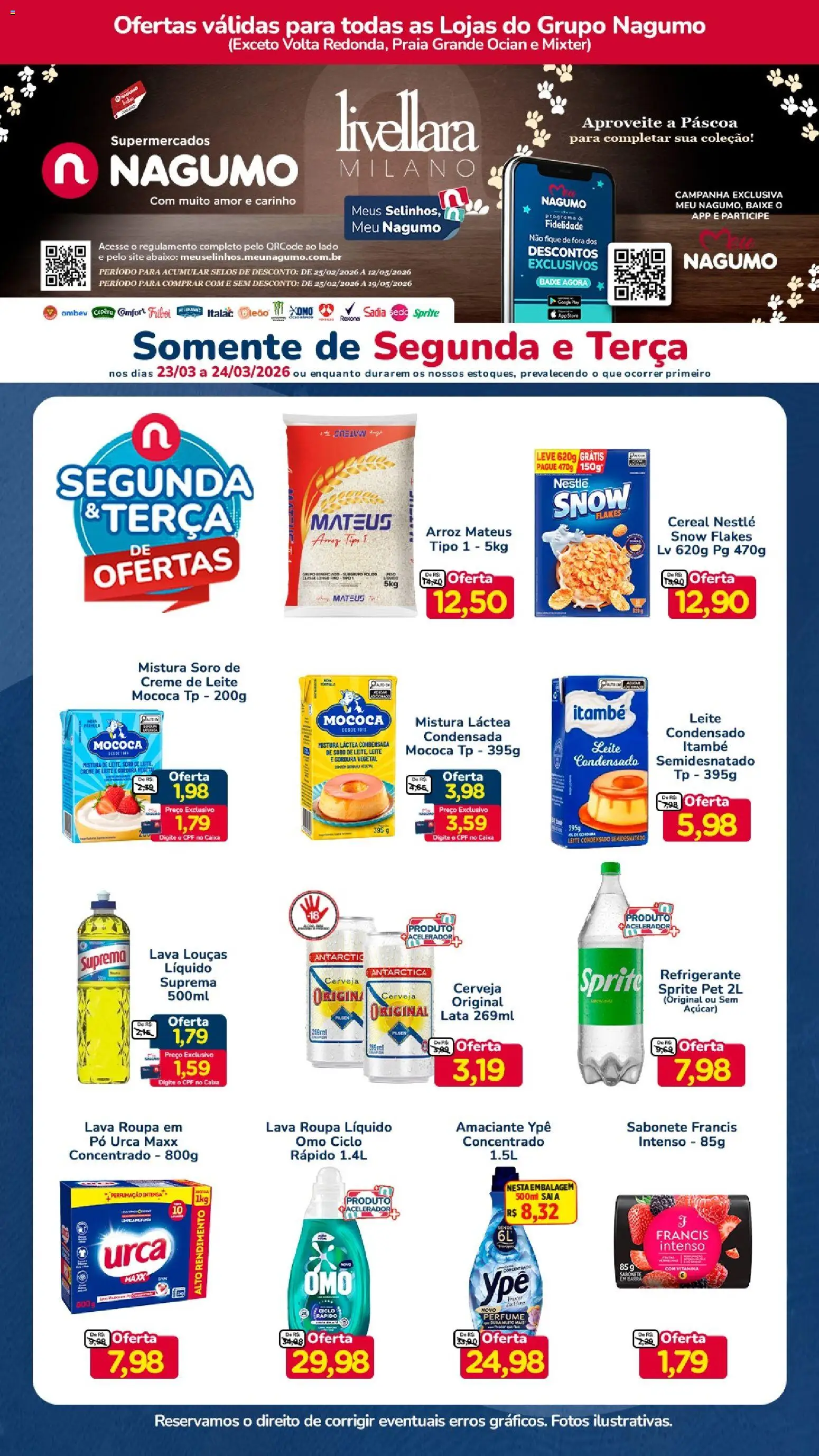 Pré-Visualização do folheto "Nagumo ofertas Segunda e Terça" da loja Nagumo válido a partir de 23/03/2026 - Cerveja, Arroz, Leite, Açúcar, Creme de leite, Creme, Amaciante, Pó