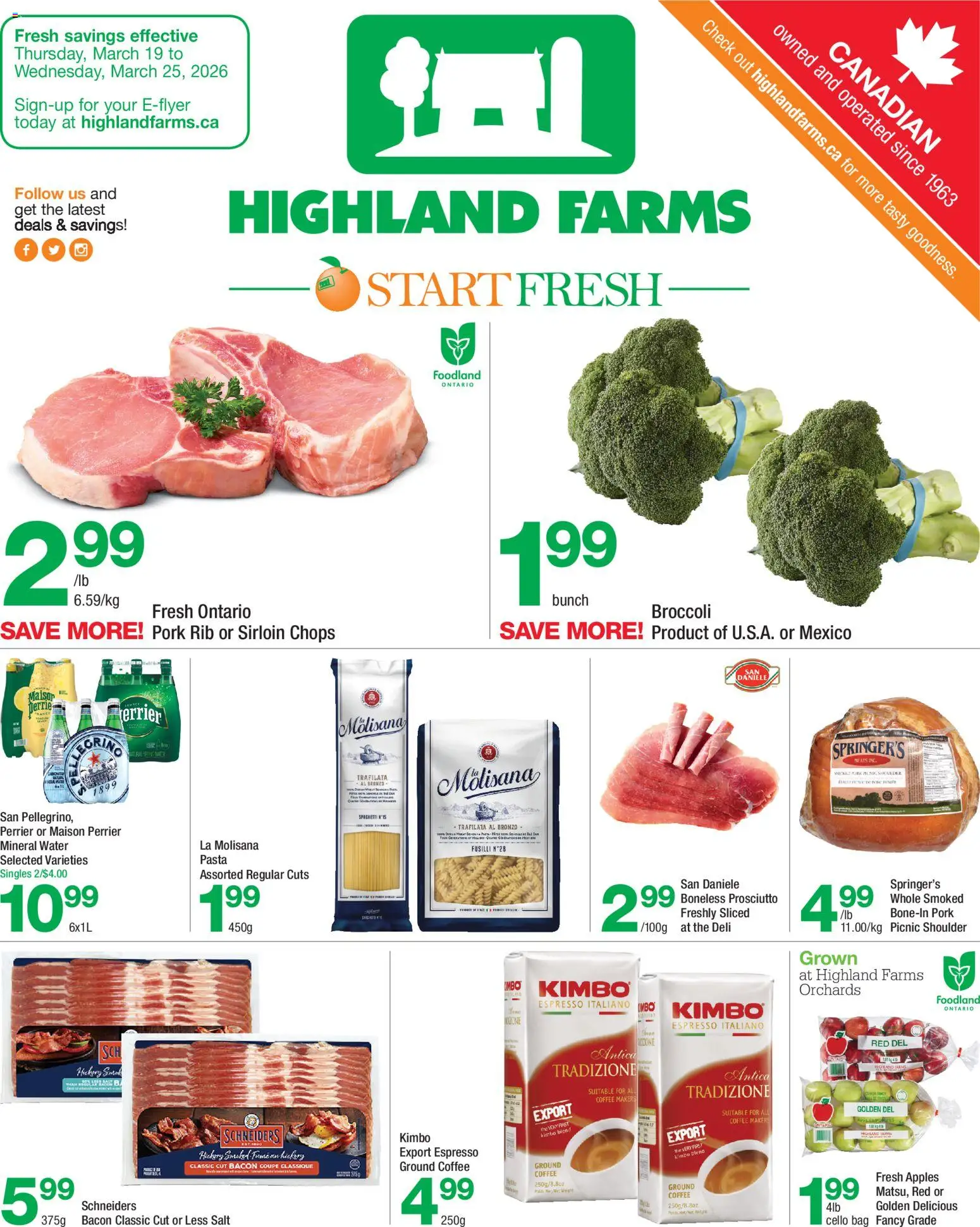 Preview of leaflet Highland Farms weekly flyer / circulaire from shop Highland Farms is valid from Mar 19, 2026 - Apples, Pasta, Prosciutto, Bag, Bacon, Salt, Pork, Mineral water