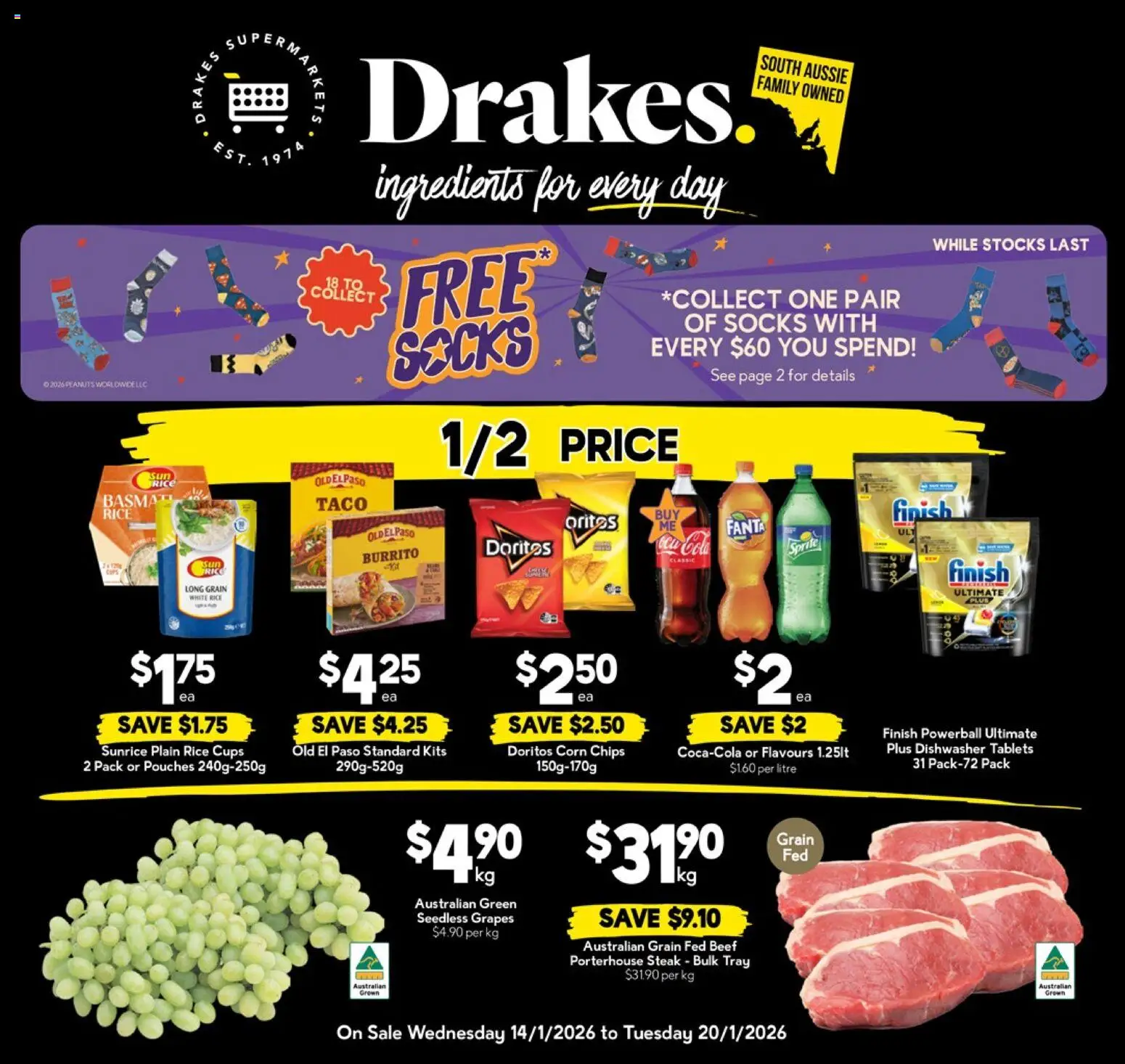 Preview of catalogue Catalogue from shop Drakes valid 14/01/2026 - Cups, Ingredients, Rice, Beef, Chips, Seedless grapes, Dishwasher, Tablets