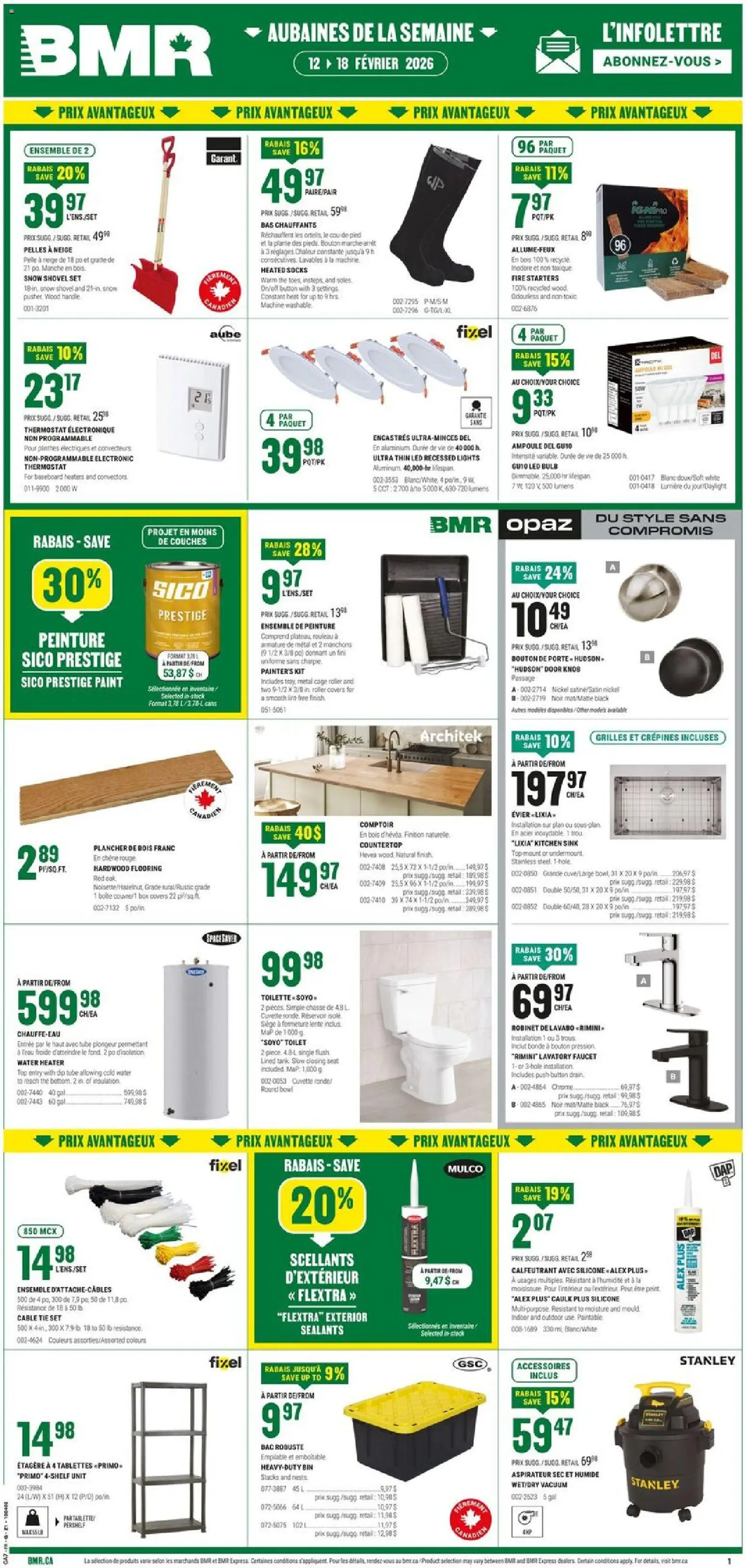 Preview of leaflet Weekly flyer / circulaire from shop BMR is valid from Feb 12, 2026 - Water, Box, Door, Socks, Cable