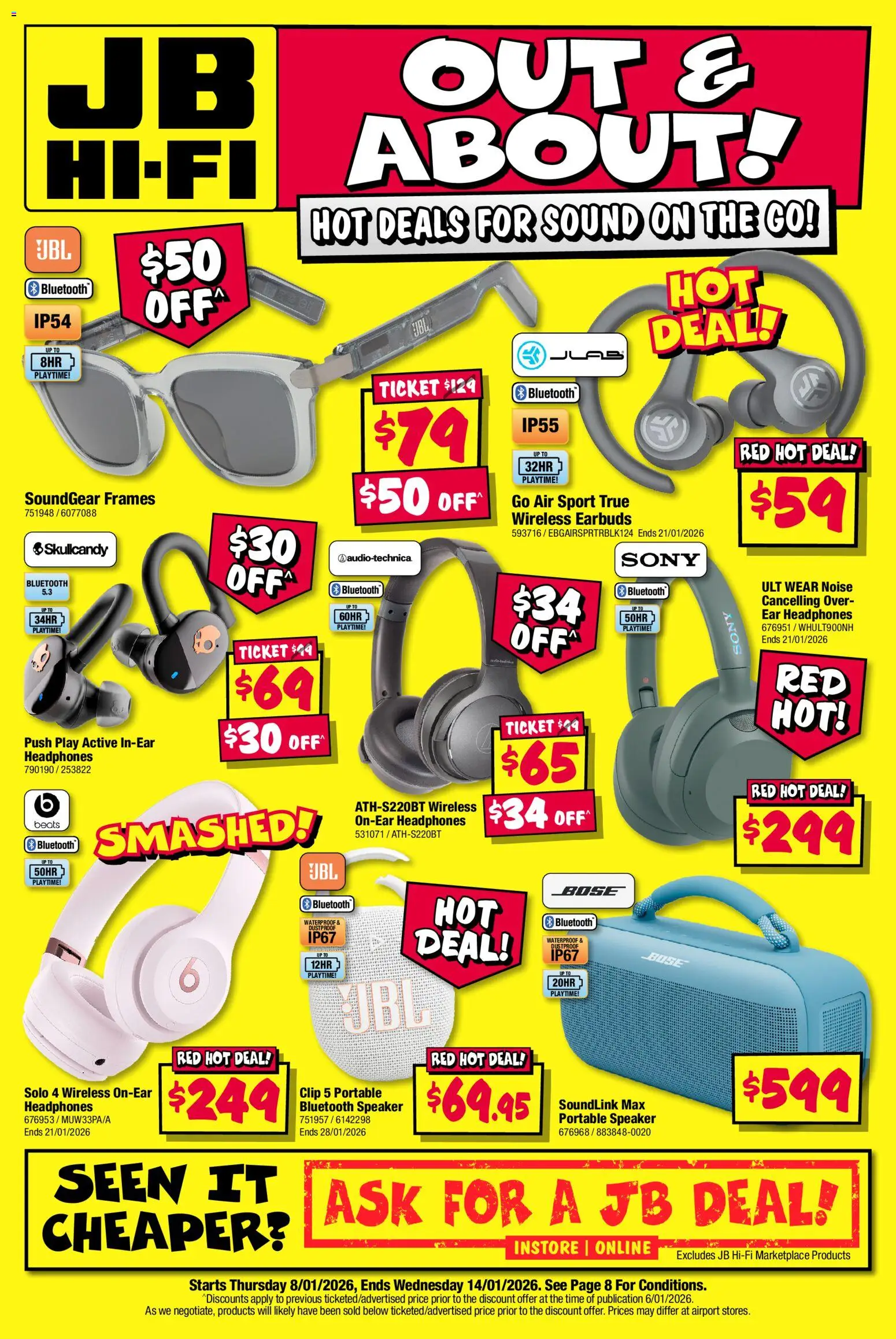 Preview of catalogue Catalogue Out and about! from shop JB Hi-Fi valid 08/01/2026 - Bluetooth speaker, Clip, Headphones, Speaker, Portable