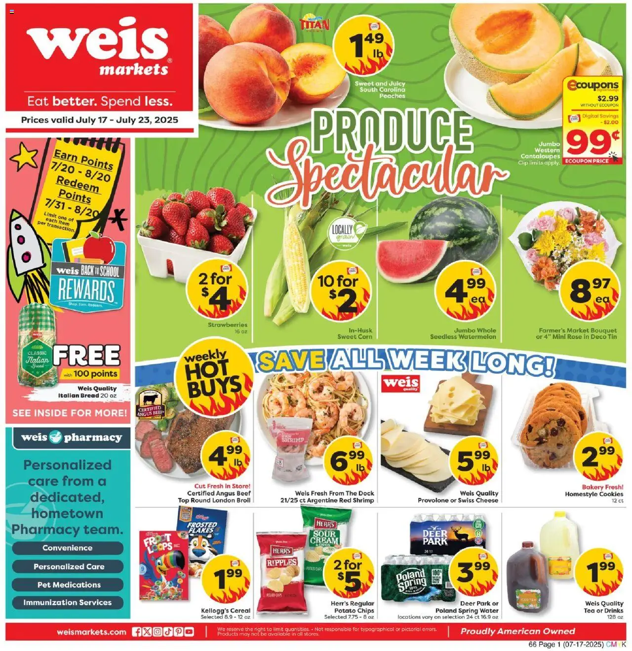 Weis Weekly Circular - NJ from 07/17/2025 - Flyer - Page number 1 - Bakery, Peaches, Shrimp, Potato chips, Spring water, Tea, Beef, Cereal
