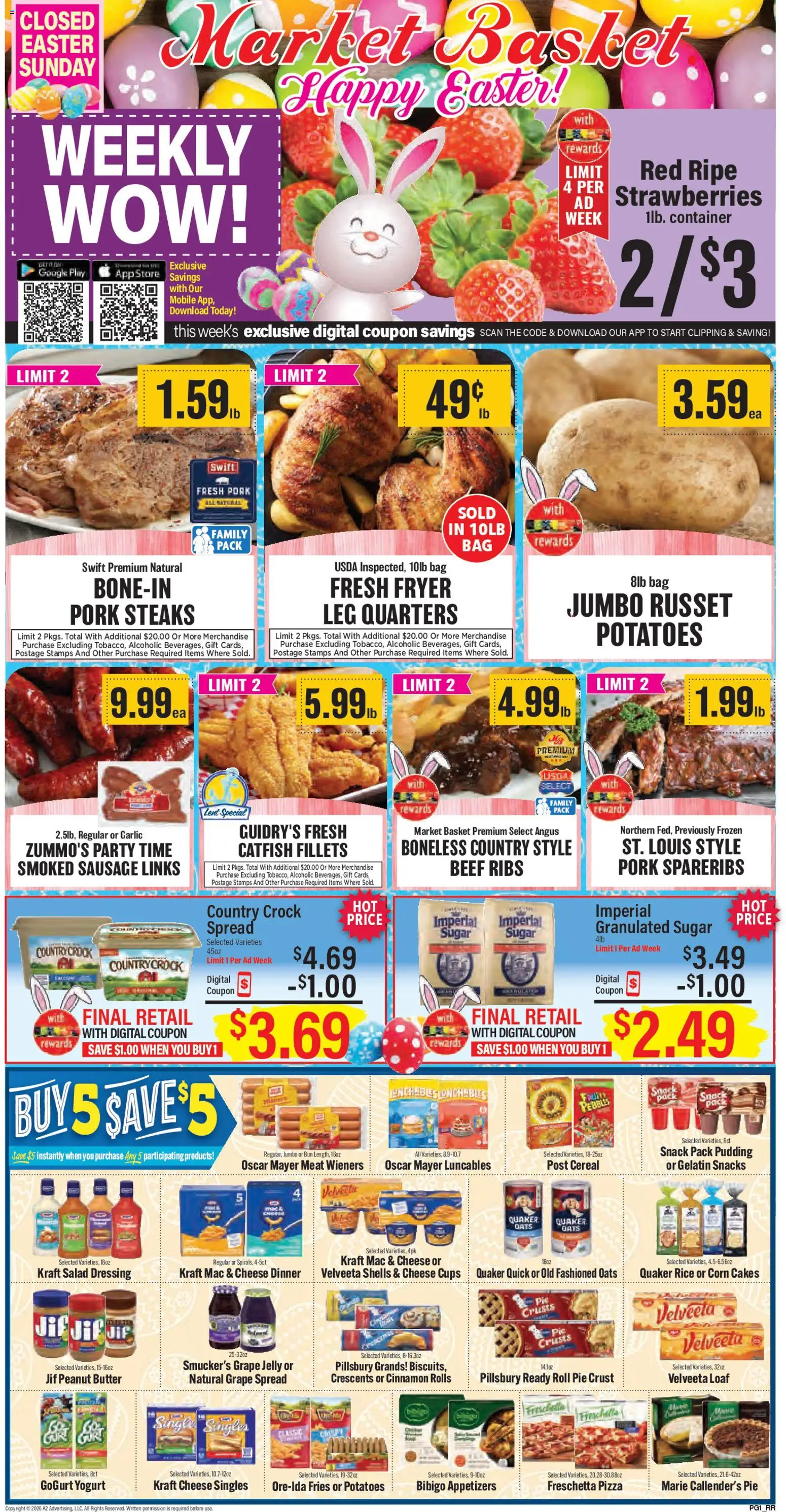 Ad Preview of Market Basket Market Basket Weekly Ad from 04/01/2026 - Salad, Snacks, Dressing, Yogurt, Peanut butter, Bag, Pork, Beef ribs