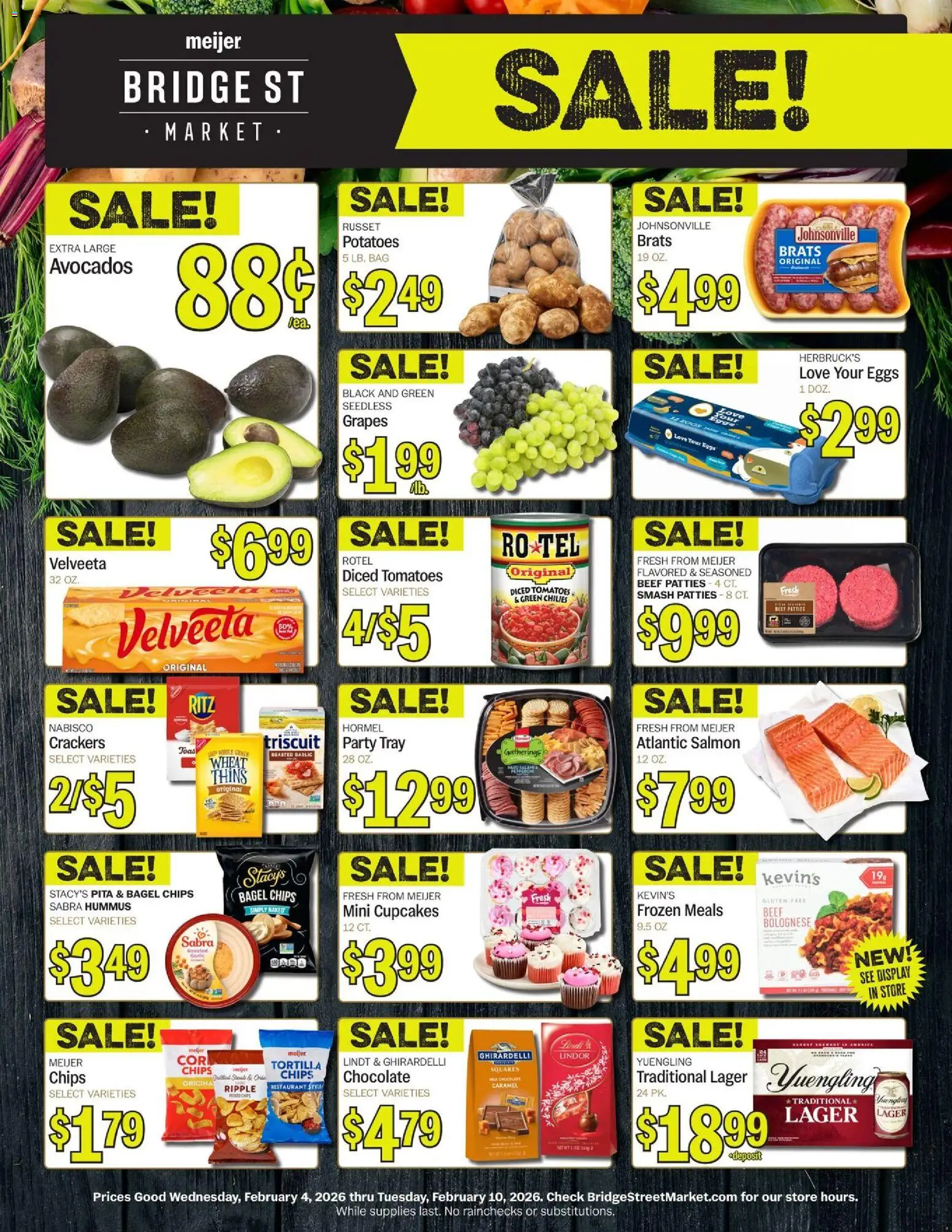 Ad Preview of Meijer Bridge Street Market from 02/04/2026 - Chocolate, Steak, Potatoes, Tomatoes, Hummus, Beef, Crackers, Lindt